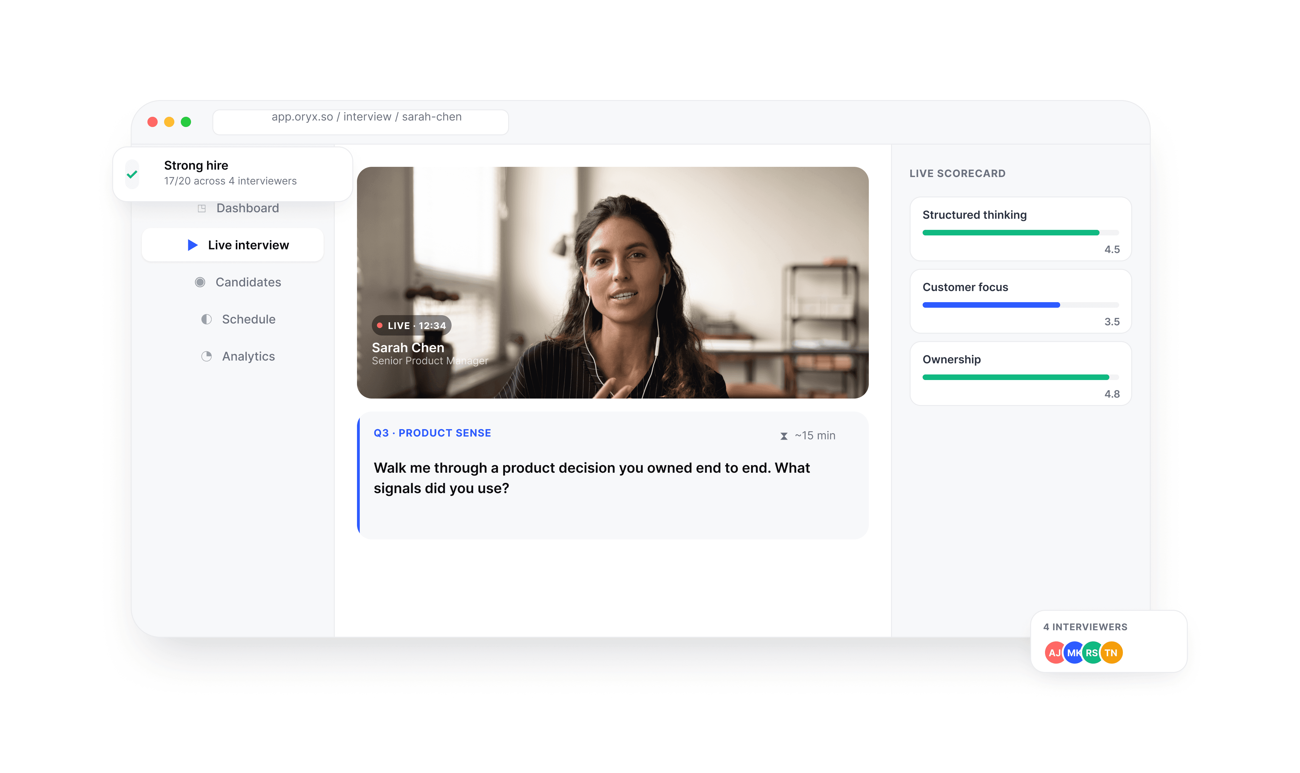 Screenshot of an oryx structured interview in progress, showing candidate video, interview guide, and scoring option