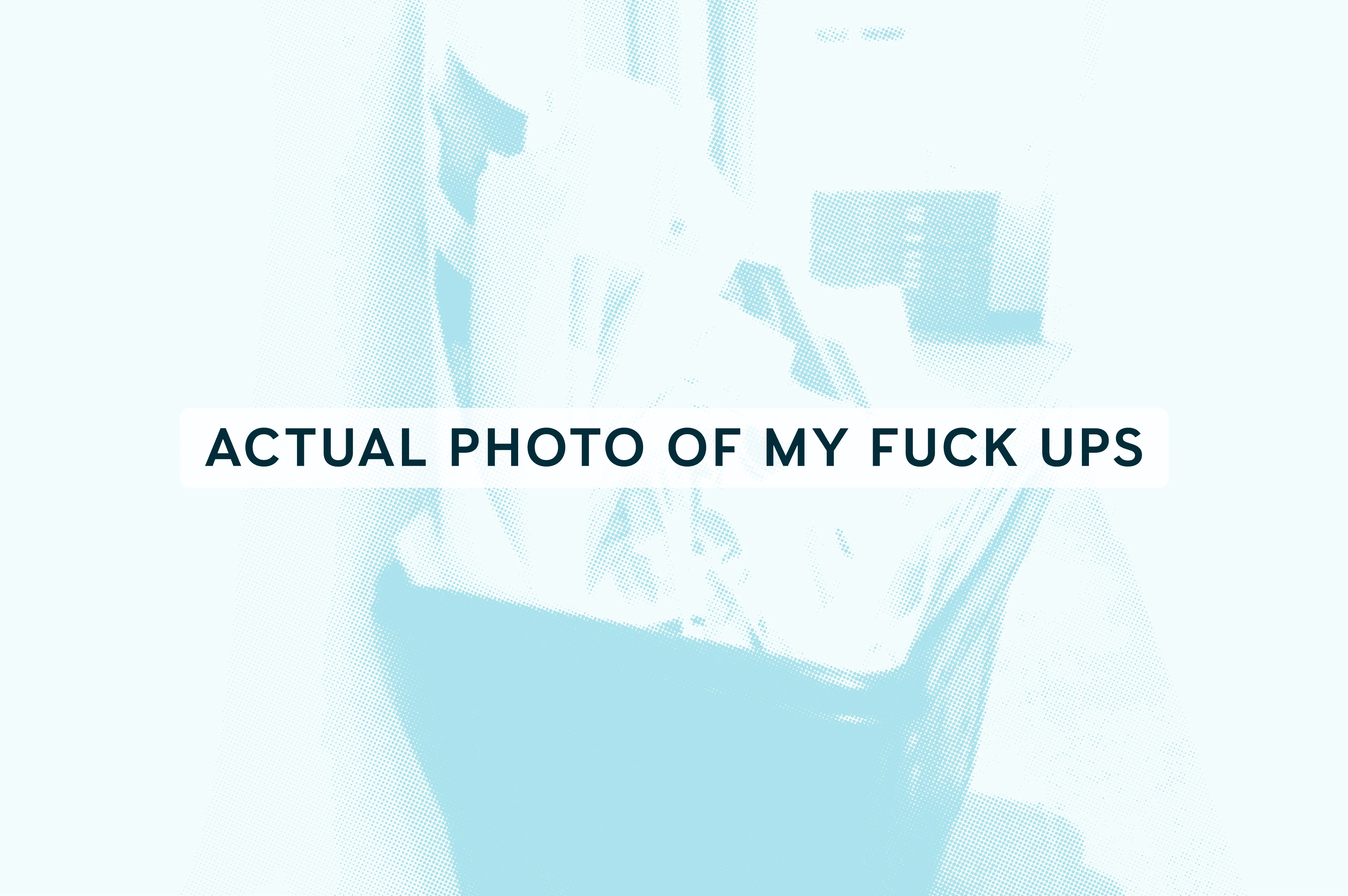 Halftone-processed photograph of crumpled paper and discarded sketches in a waste bin, captioned 'Actual photo of my fuck ups' — hero image for Sharpened Flint, Fire, Figma Components essay on creative process and learning through failure.