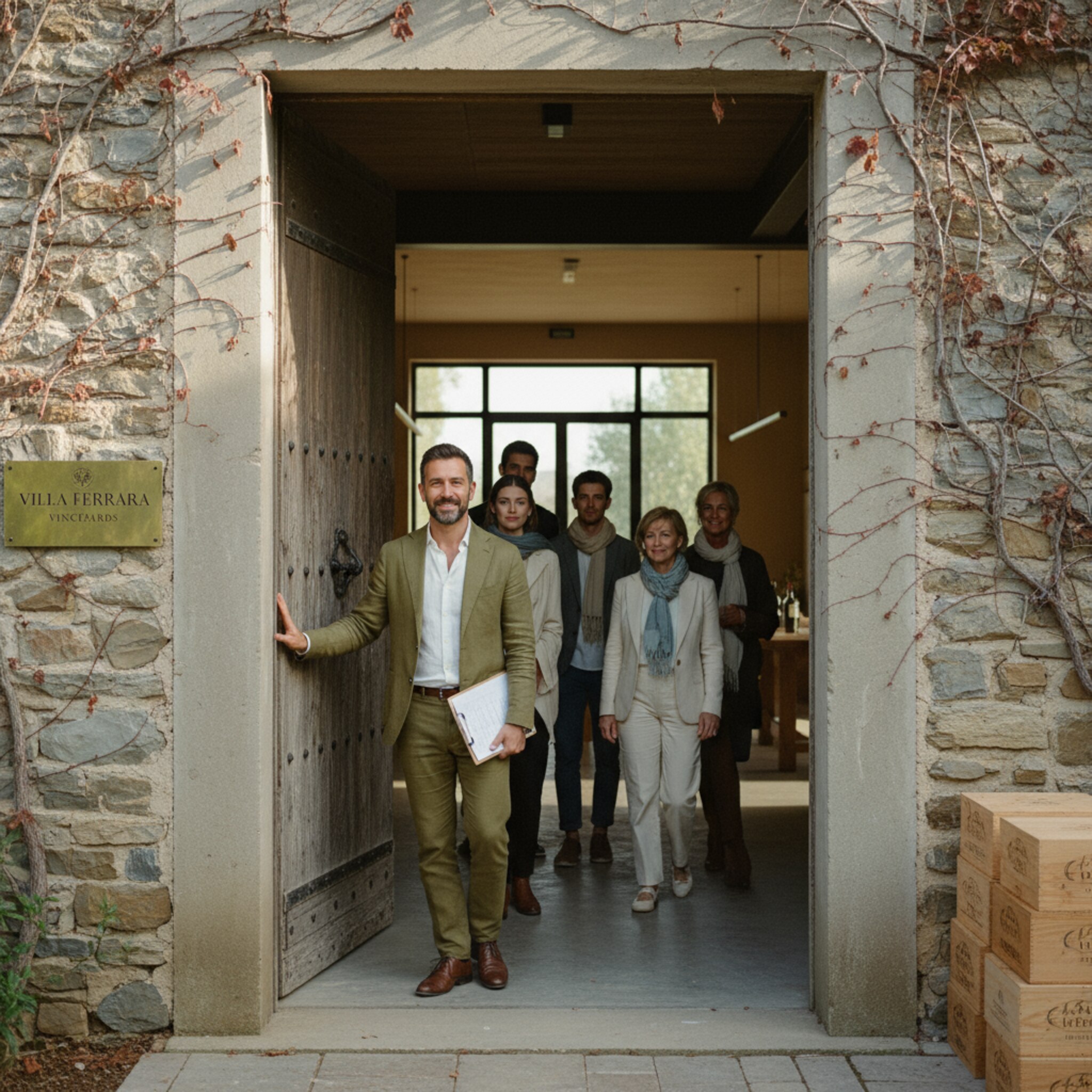 Am Eingang des Weinguts begrüßt ein Gastgeber die ankommenden Gäste freundlich. Ein kurzer Blick auf eine vorbereitete Teilnehmerliste, dann öffnet er die Tür ins Innere. Die Gruppe tritt ein, es geht zügig und geordnet. Die Stimmung ist erwartungsvoll.