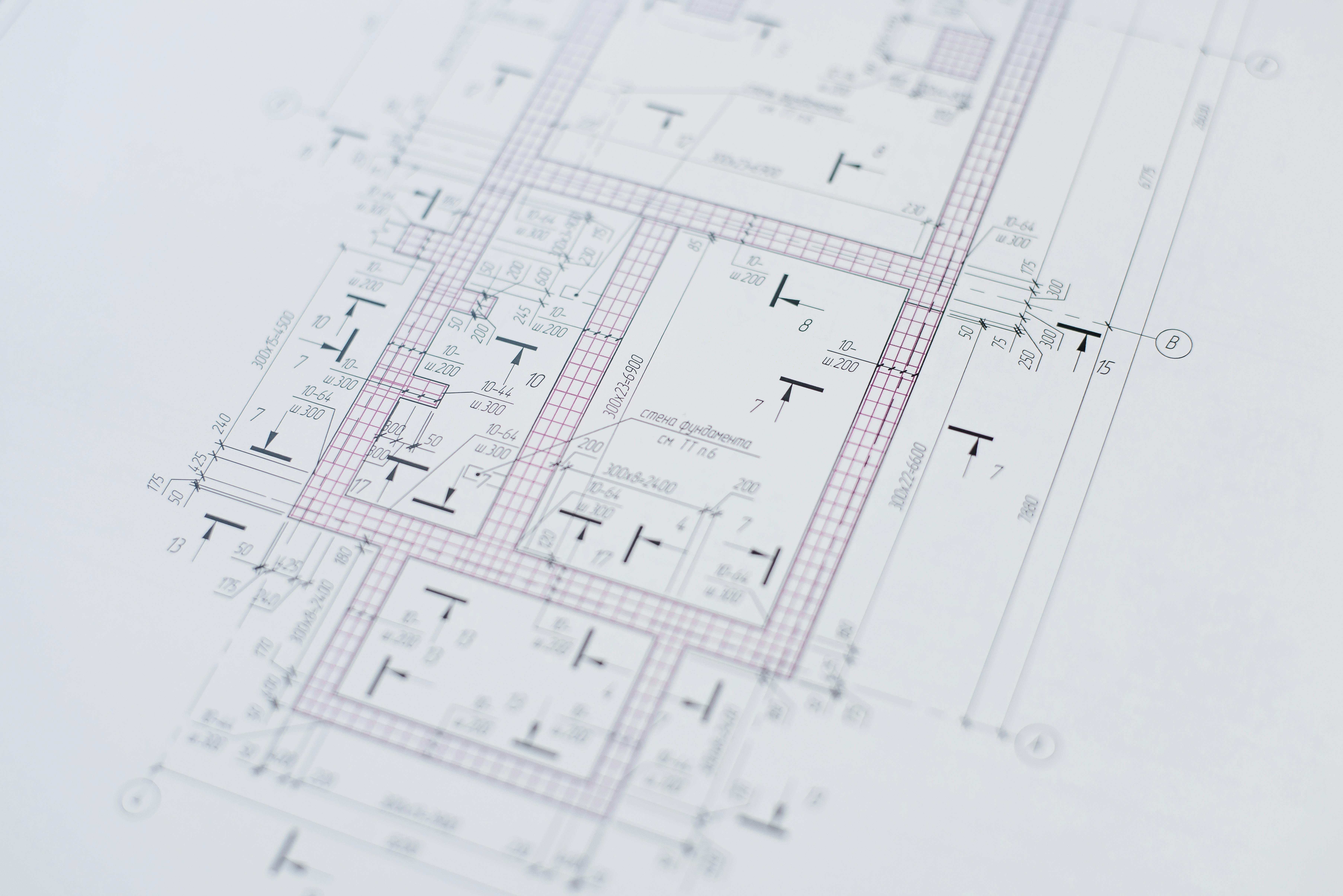 Architectural drawings and plans on a desk