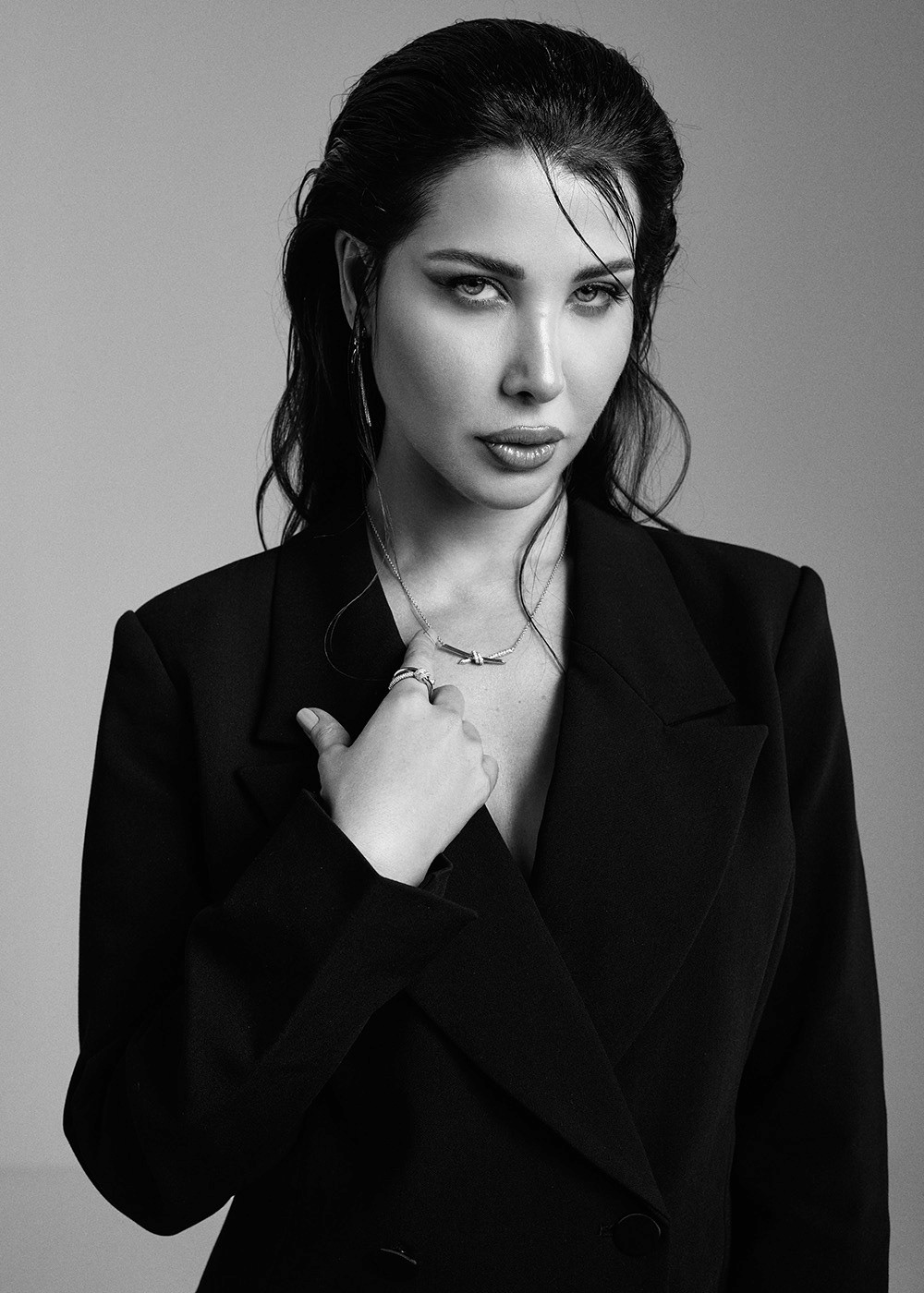 Nancy Ajram in Good American outfit and Tiffany & Co jewelry