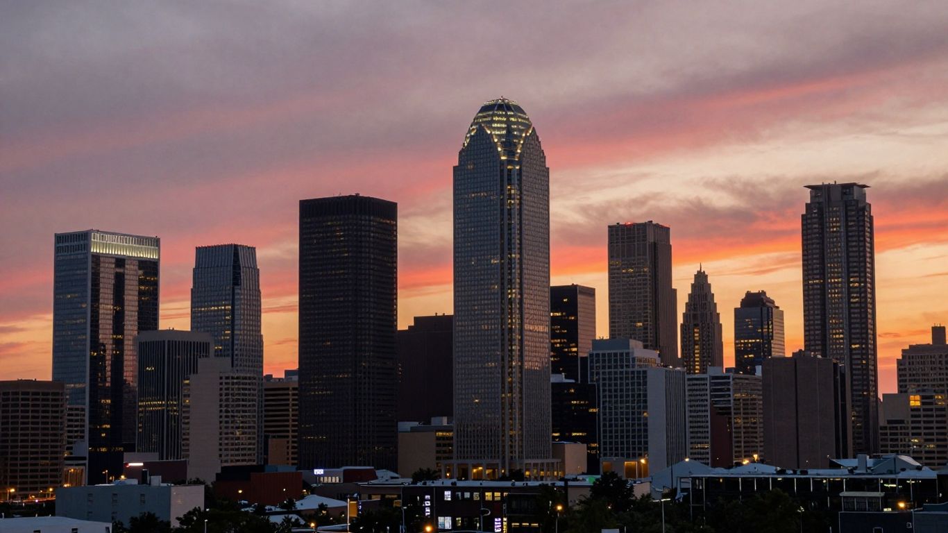 Dallas cityscape with skyscrapers at dusk.