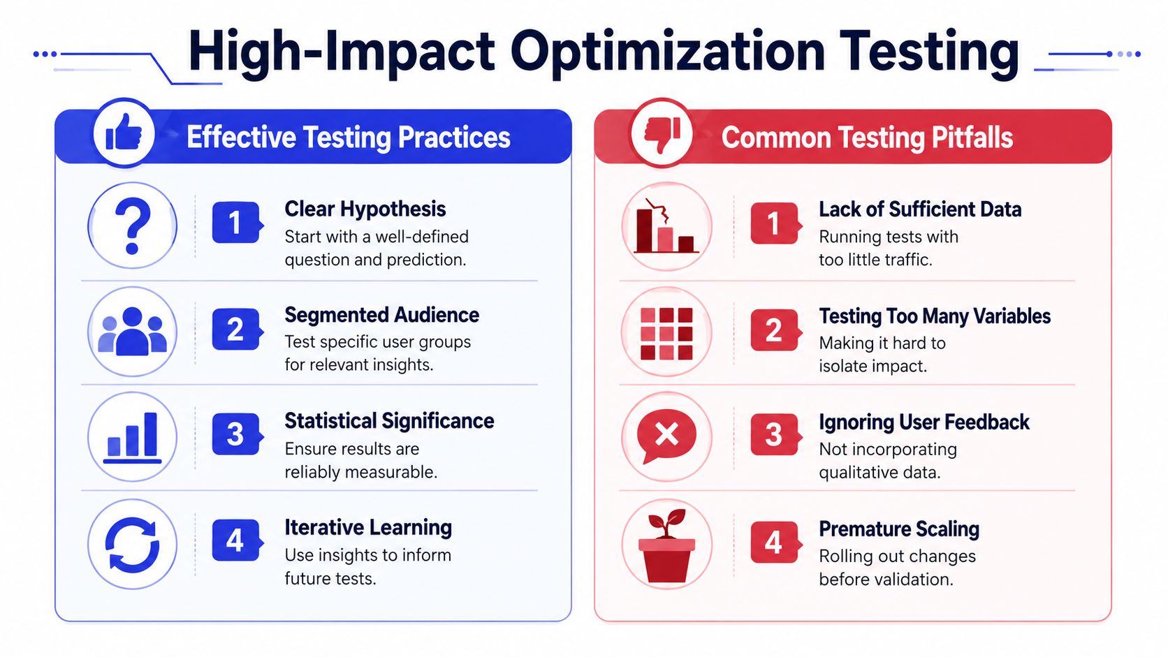 An infographic comparing effective A/B testing practices versus common pitfalls to help improve website conversion rates.