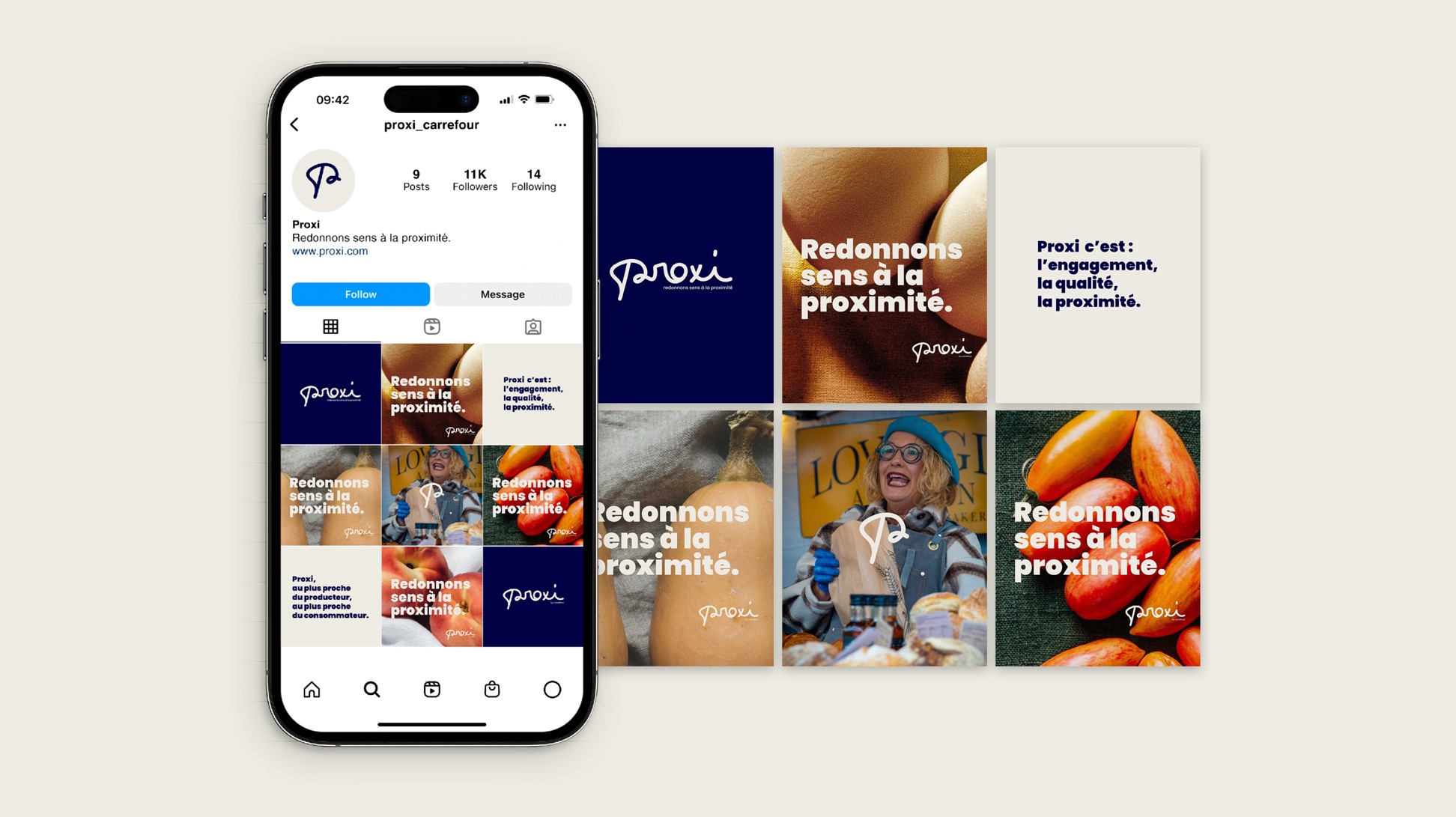 Feed Instagram de Proxi : visuels de la campagne, visuels représentants les valeurs.