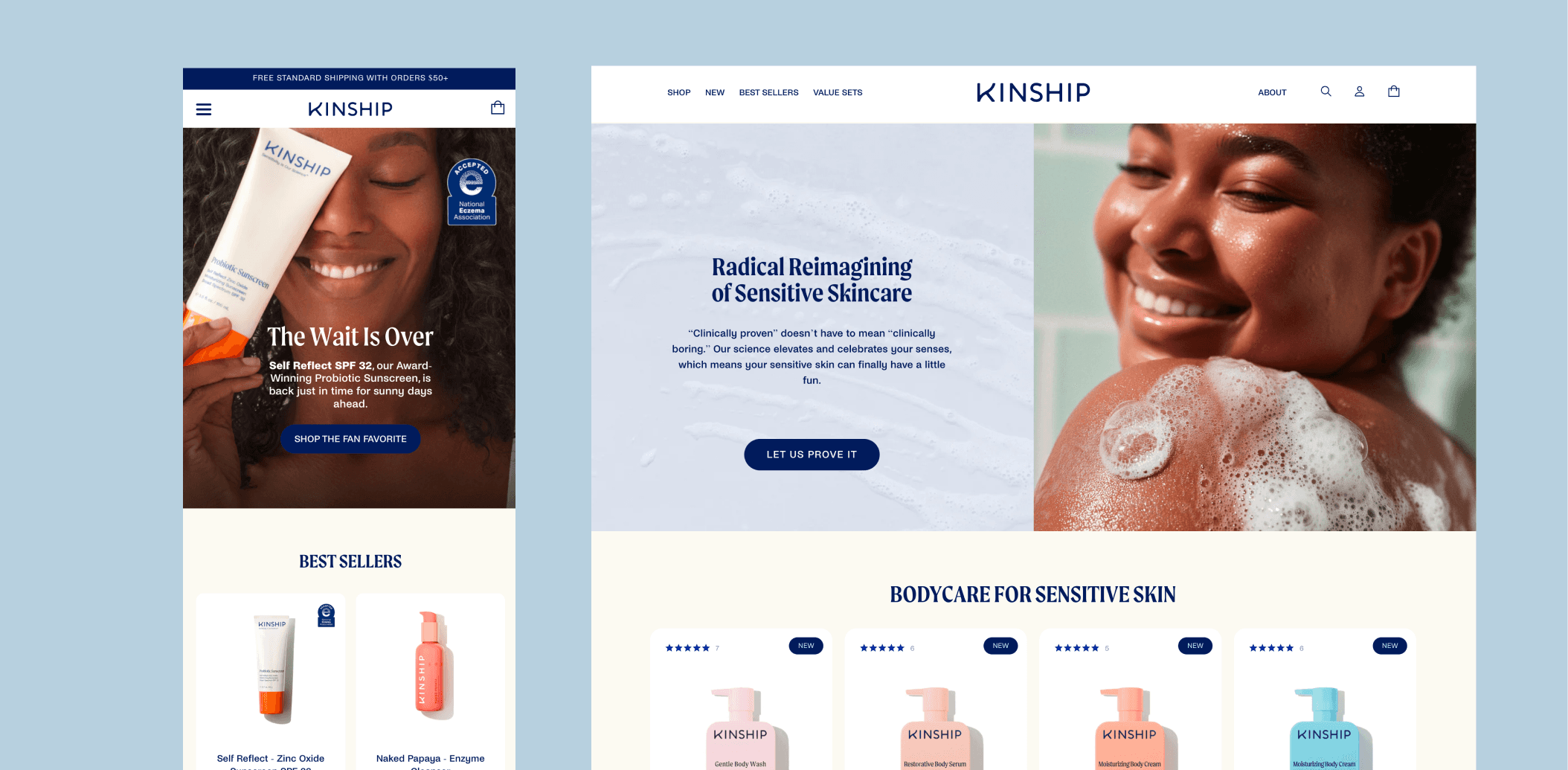 Shopify homepage and collection layout for Kinship showcasing skincare categories and product discovery