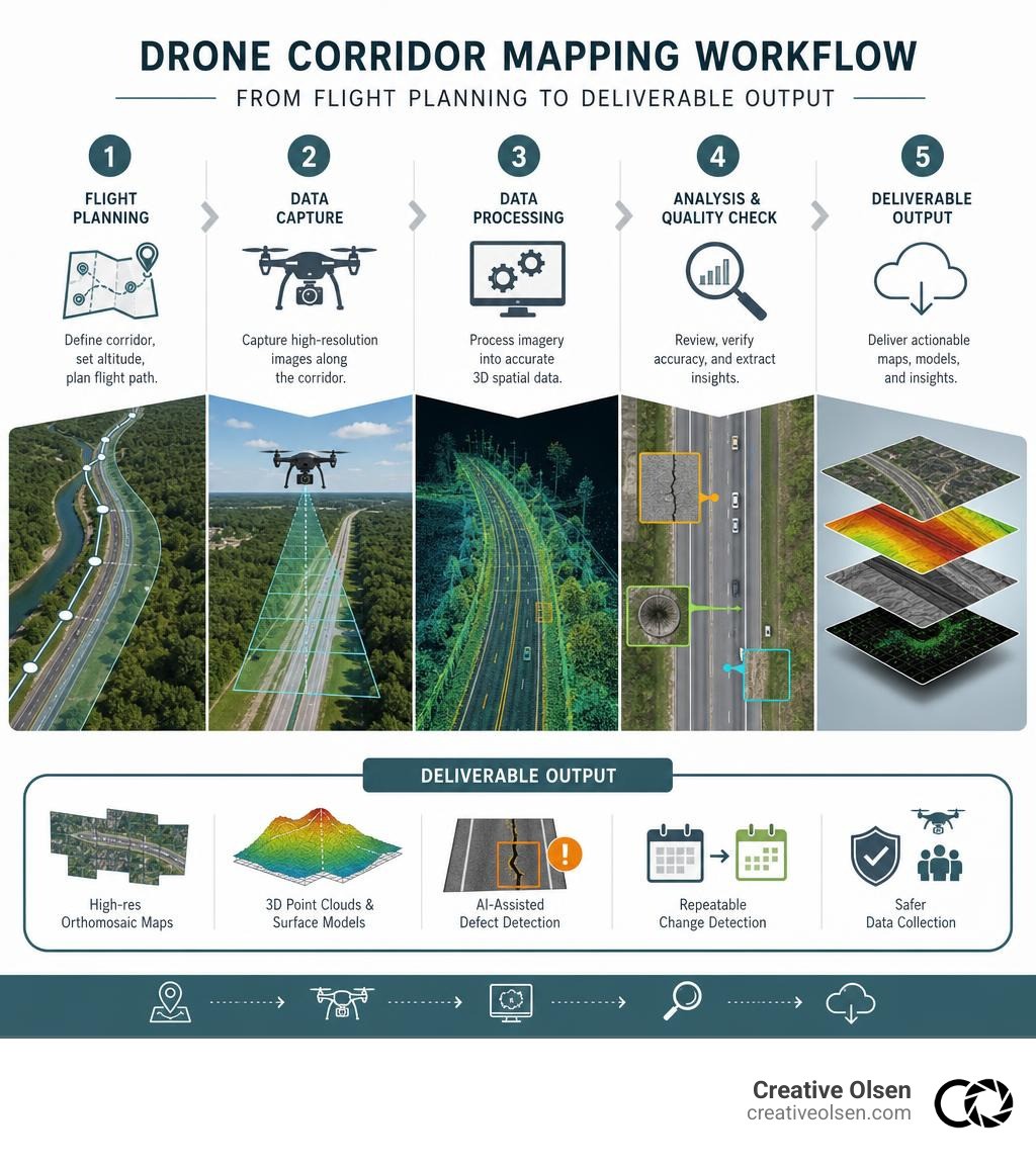 drone corridor mapping workflow from flight planning to deliverable output infographic