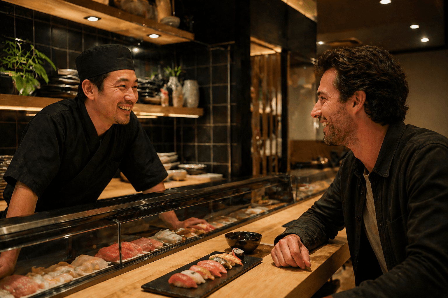 The shop owner greets a customer in his sushi restaurant.