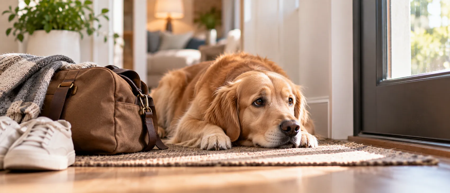 A Golden Retriever lying by the front door beside a packed bag and shoes.