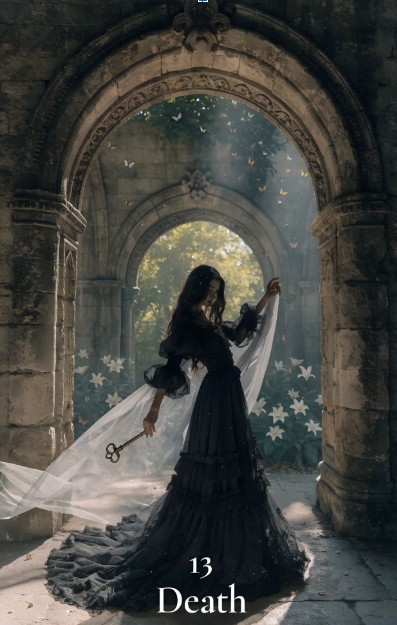 representation of the tarot card number 13, death, featuring a palid woman holding a key and waring a black, long dress, though holding a white veil in her left hand. She's standing in the middle of a crossing, two portals with light