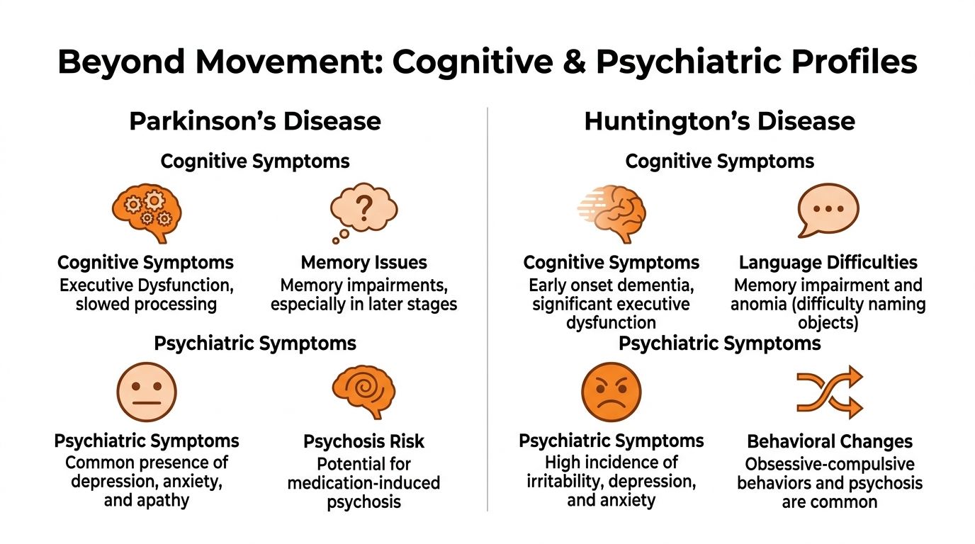 A comparison chart outlining the cognitive and psychiatric symptoms associated with Parkinson's disease versus Huntington's disease.