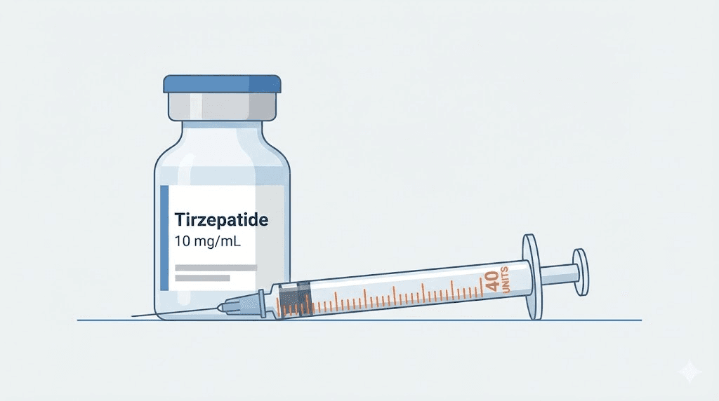 Tirzepatide vial and insulin syringe showing 40 units measurement