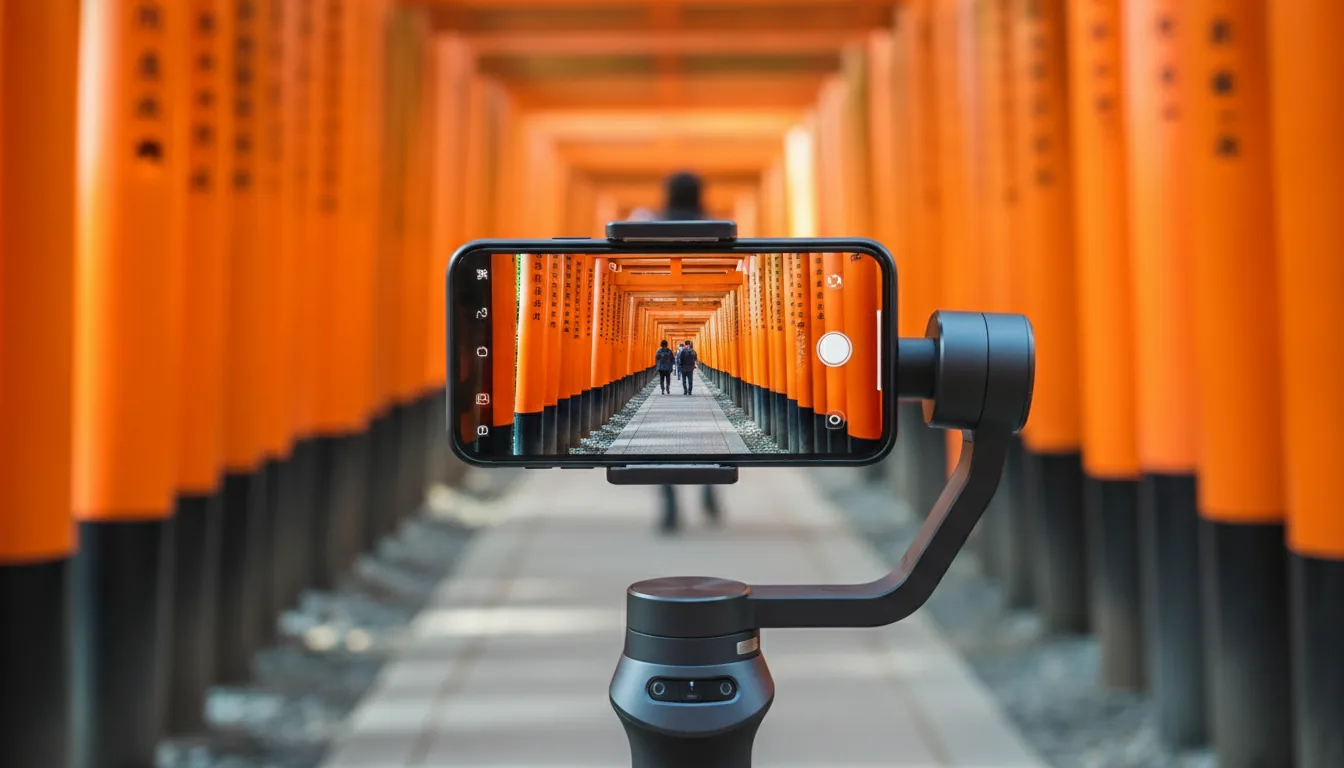 DSLR photograph, close-up shot of a modern smartphone mounted horizontally on a grey handheld gimbal stabilizer. The phone's screen is in sharp focus, showing a live camera view of a long pathway lined with vibrant orange Japanese torii gates. The background is the same pathway, but heavily blurred with a beautiful bokeh effect, featuring indistinct figures walking away. Natural daylight illuminates the scene, highlighting the matte texture of the gimbal and the bright orange of the Fushimi Inari Shrine gates.