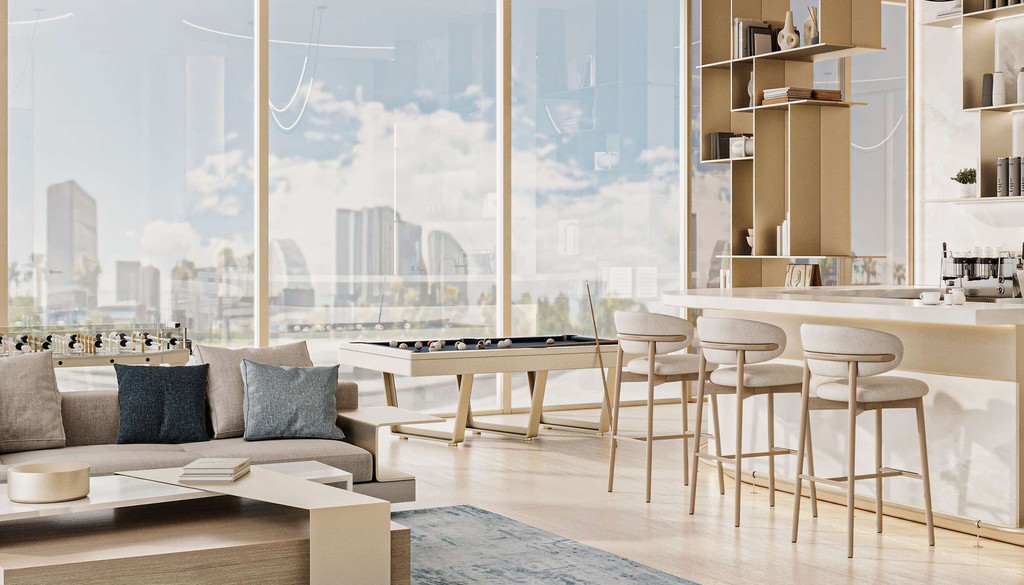 A modern living room featuring a large window, showcasing natural light and contemporary furnishings.