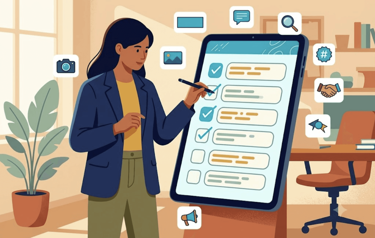 Illustration d'une personne cochant une liste de sept étapes sur une tablette, pour optimiser son profil LinkedIn avant une recherche d'alternance