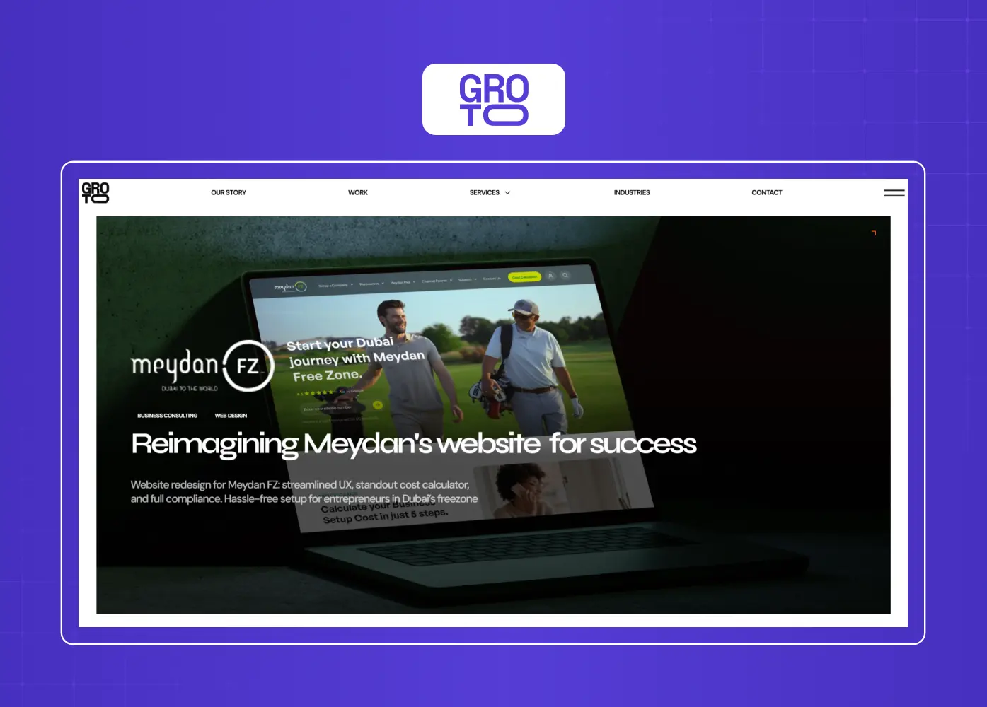 Screenshot of the Groto agency portfolio homepage showcasing the Meydan project case study and large-format project presentation.