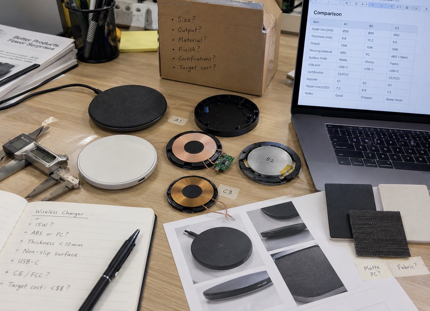 Wireless charger samples, calipers, specification notes, and a comparison table arranged on a worktable