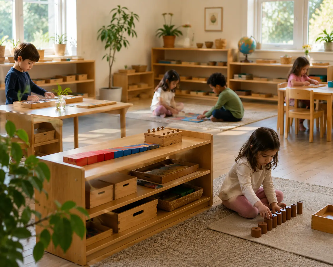 children play with various toys in a montessori room