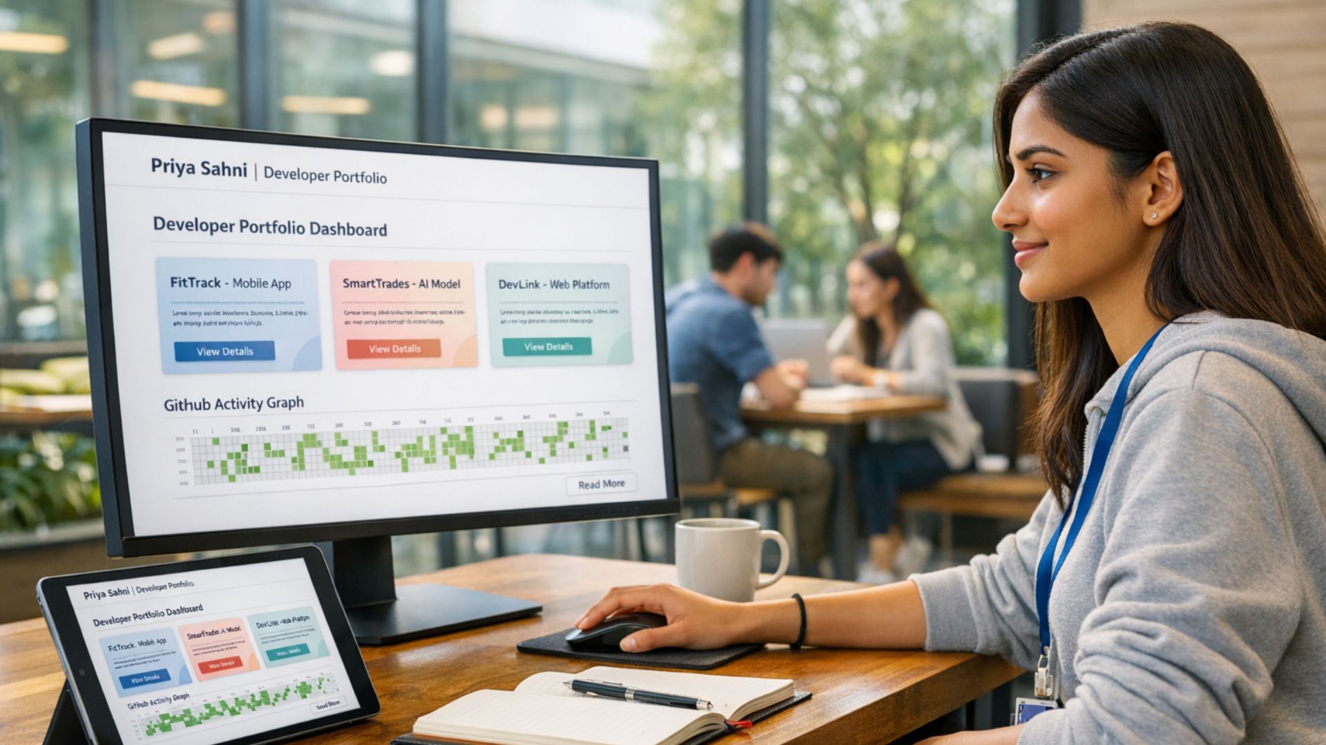 Student working on software projects and a developer portfolio to prepare for software engineering jobs after college.
