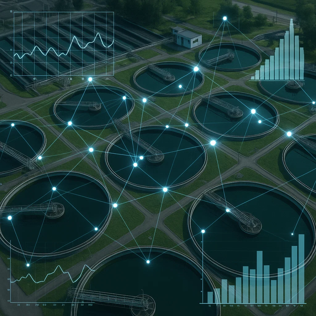 Water treatment facility with data analytics graphics representing a water utility intelligence platform.