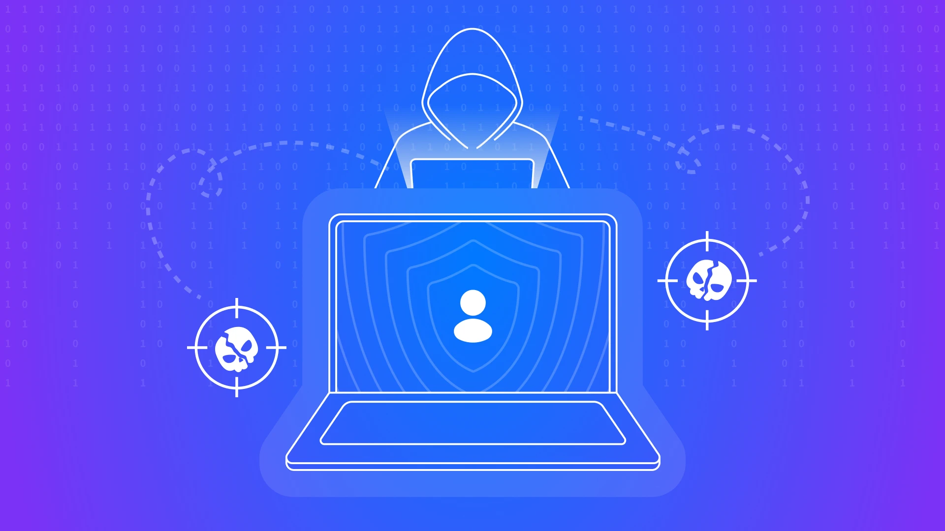 Digital illustration for a blog post on MSP ransomware defense. A hooded hacker silhouette stands behind a laptop screen displaying a user identity icon protected by blue shields. The graphic illustrates how identity has become the primary target in modern cyber extortion and credential abuse.