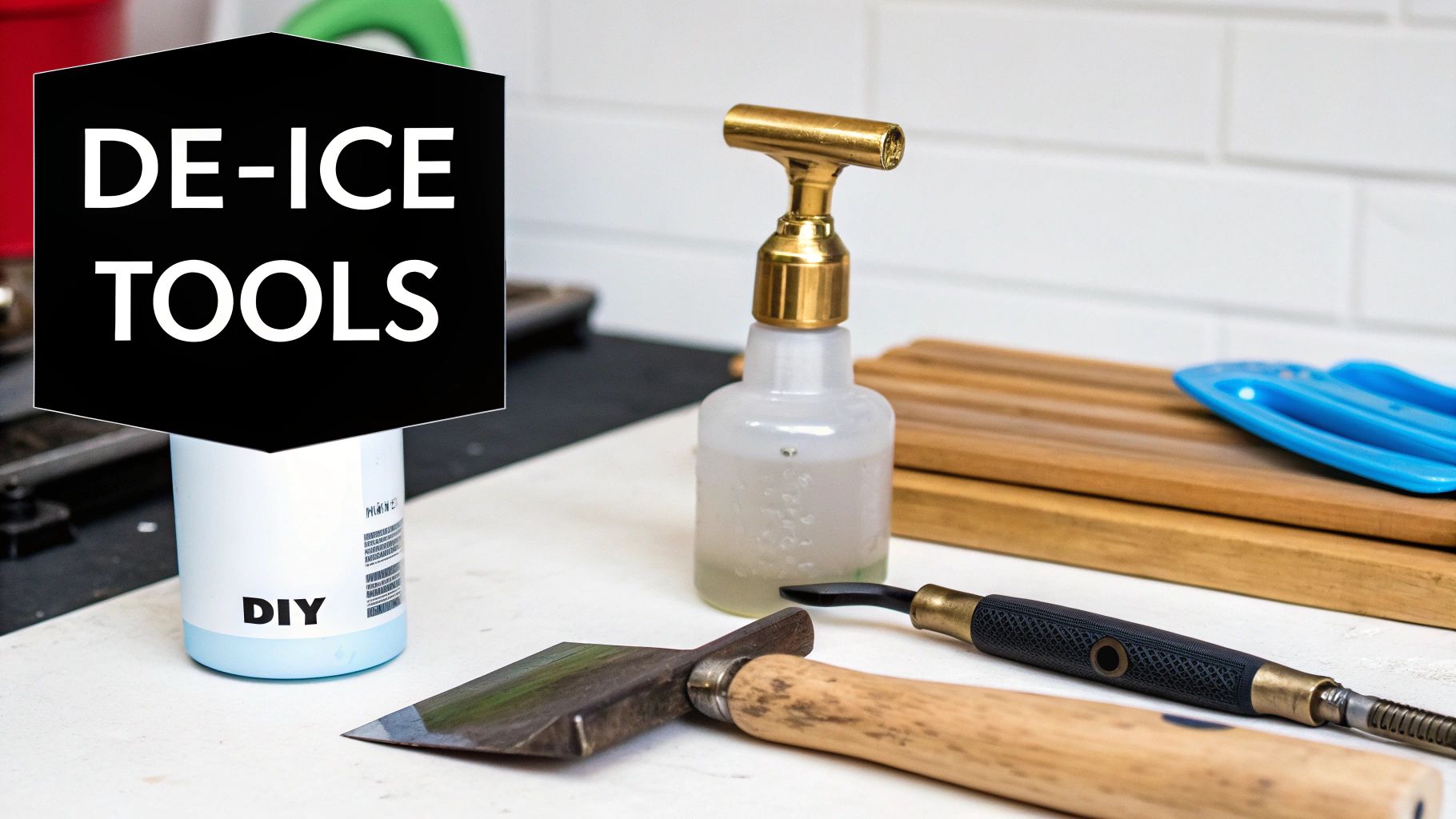 A collection of de-icing tools including a bottle, scraper, and other implements on a white surface.