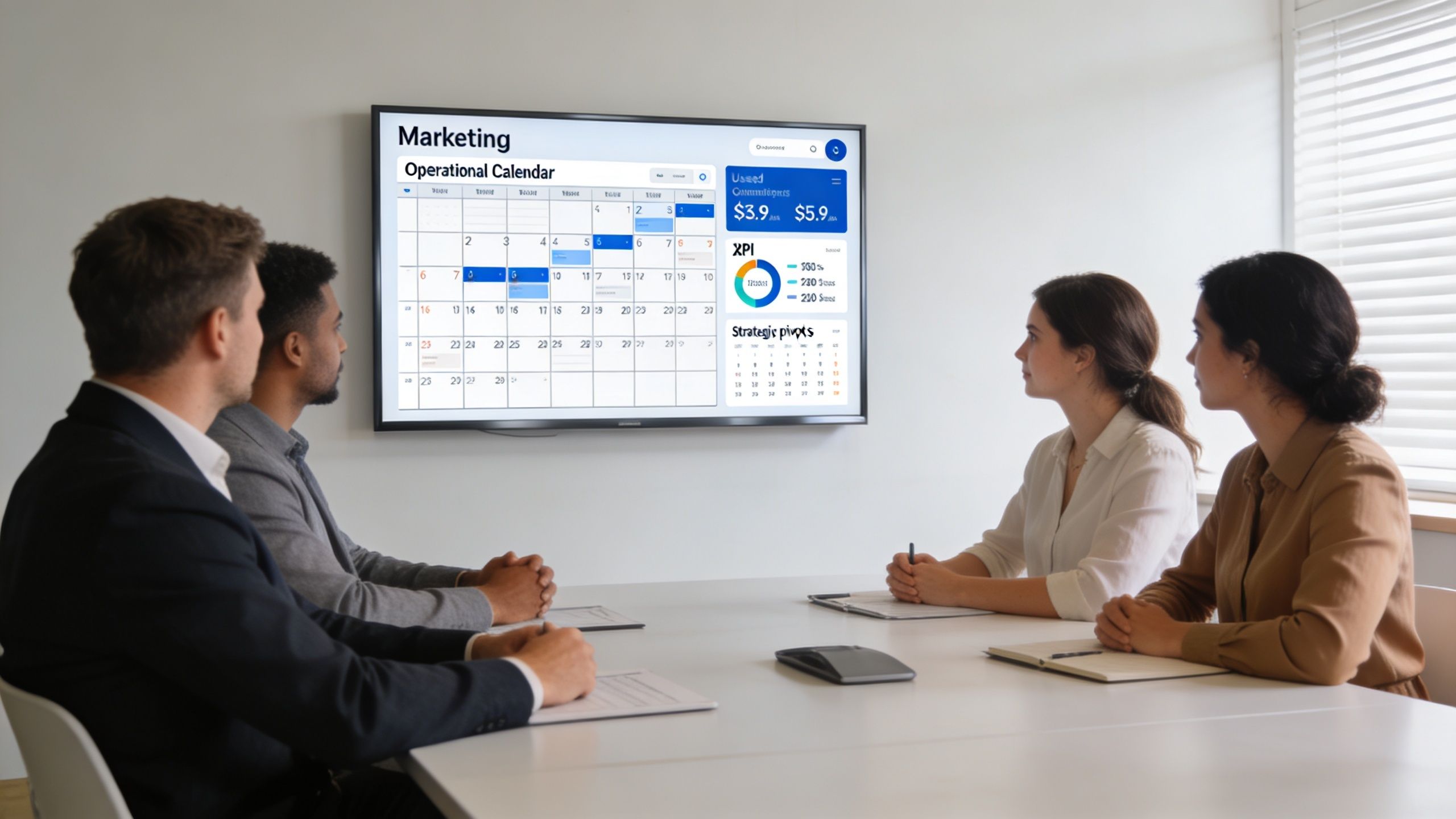A professional business team having a marketing strategy meeting in a modern office conference room.