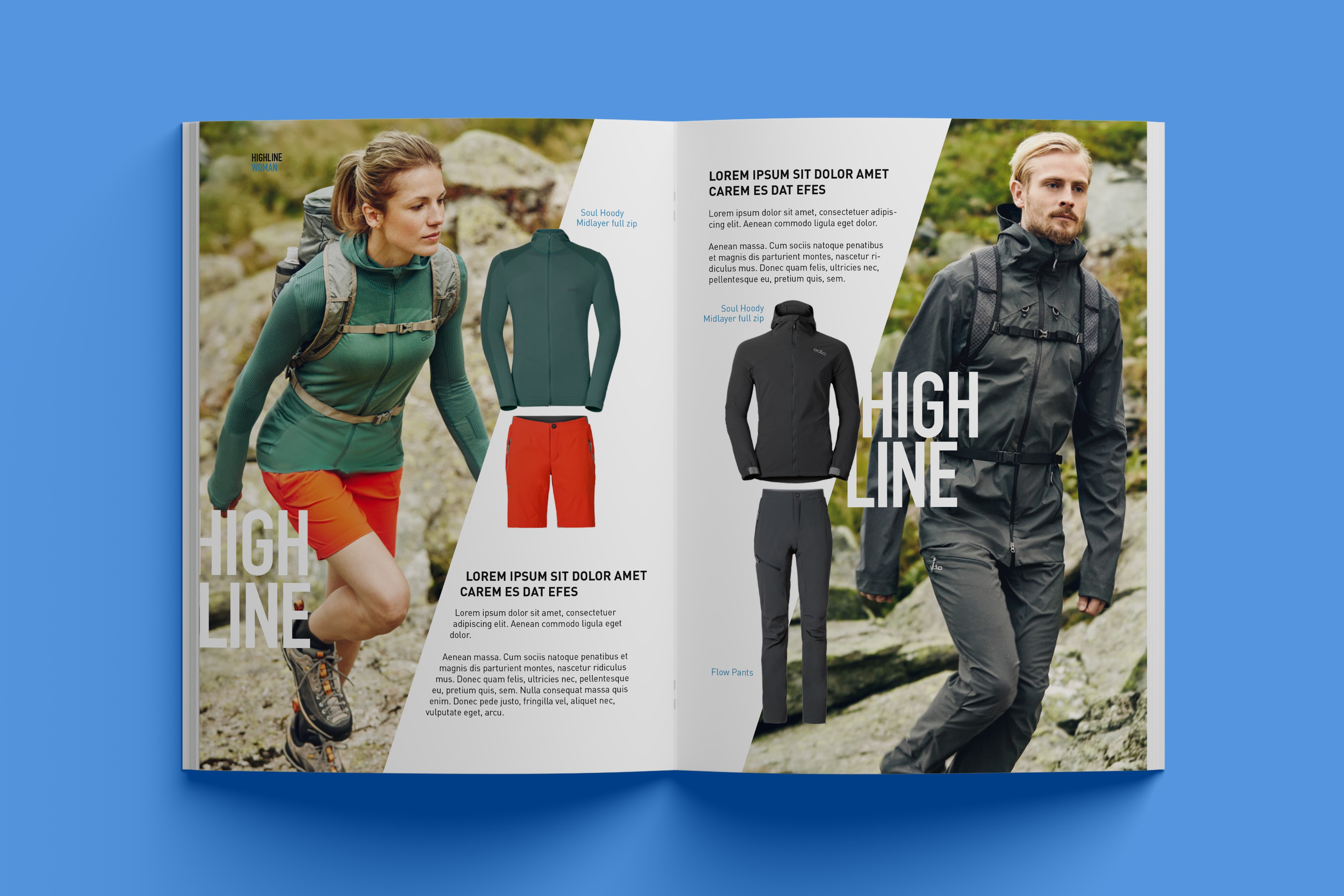 Doppelseite des Odlo Katalogs – präzises Layout mit ausgewogener Verbindung von Kmapagnen- sowie Produktfotografie und Typografie