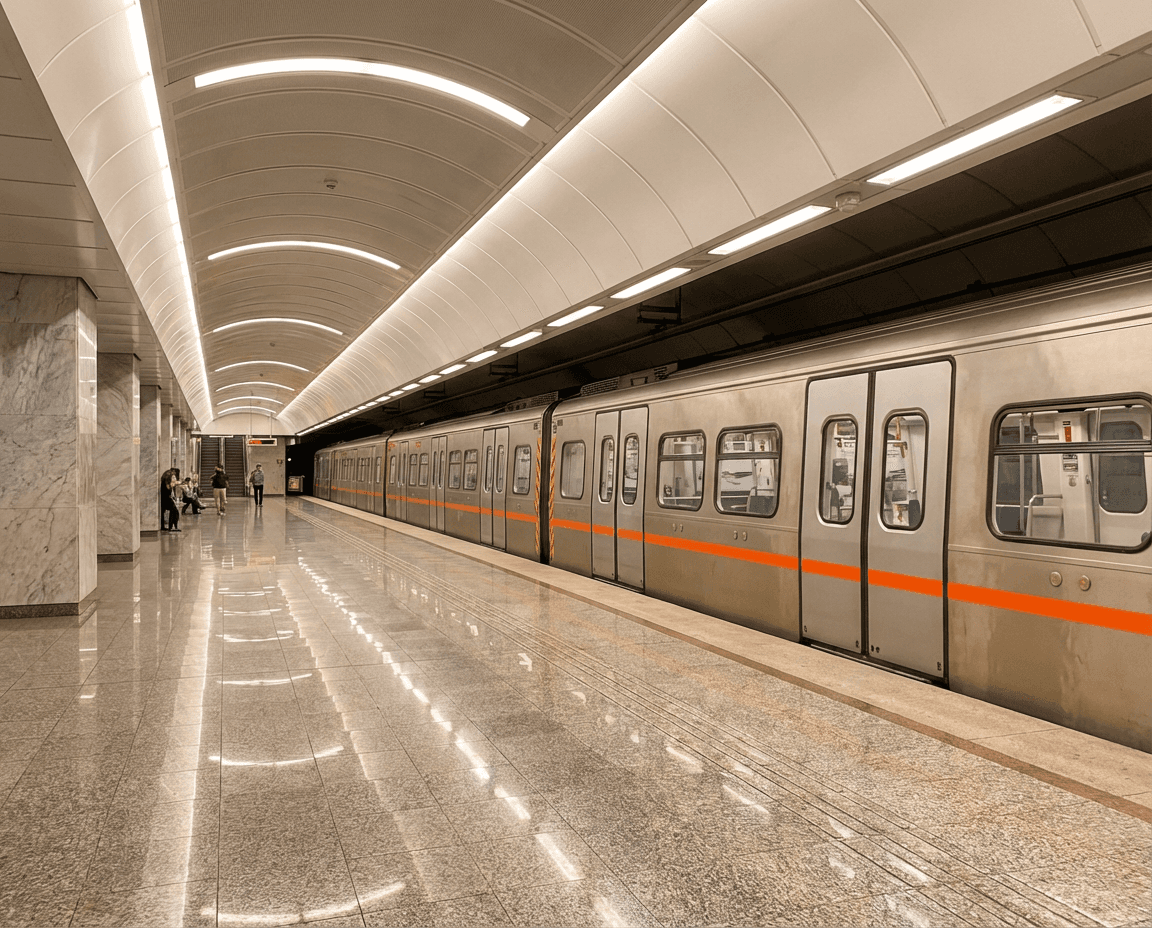 Modern Athens Metro trains inside a well-lit station