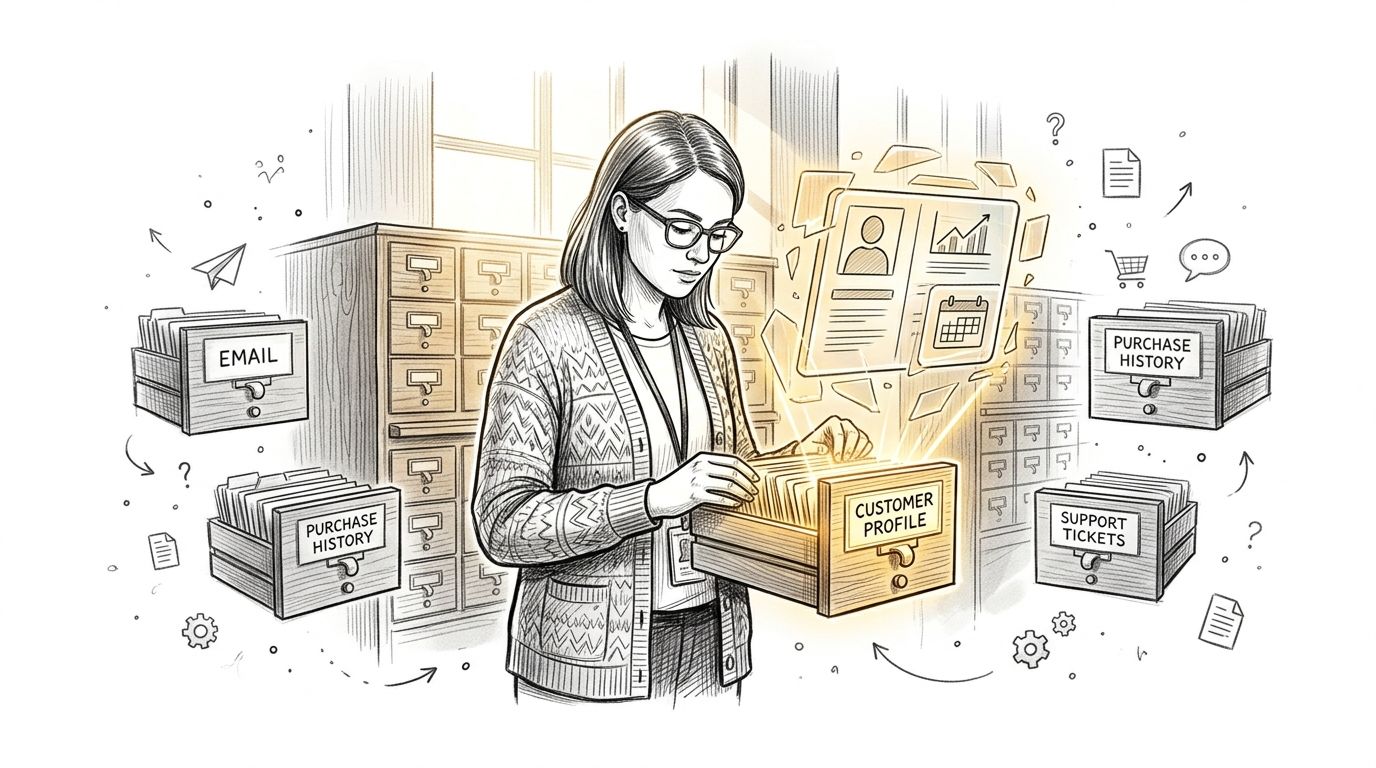 A professional analyzing customer data by integrating information from various filing cabinets into a single profile.