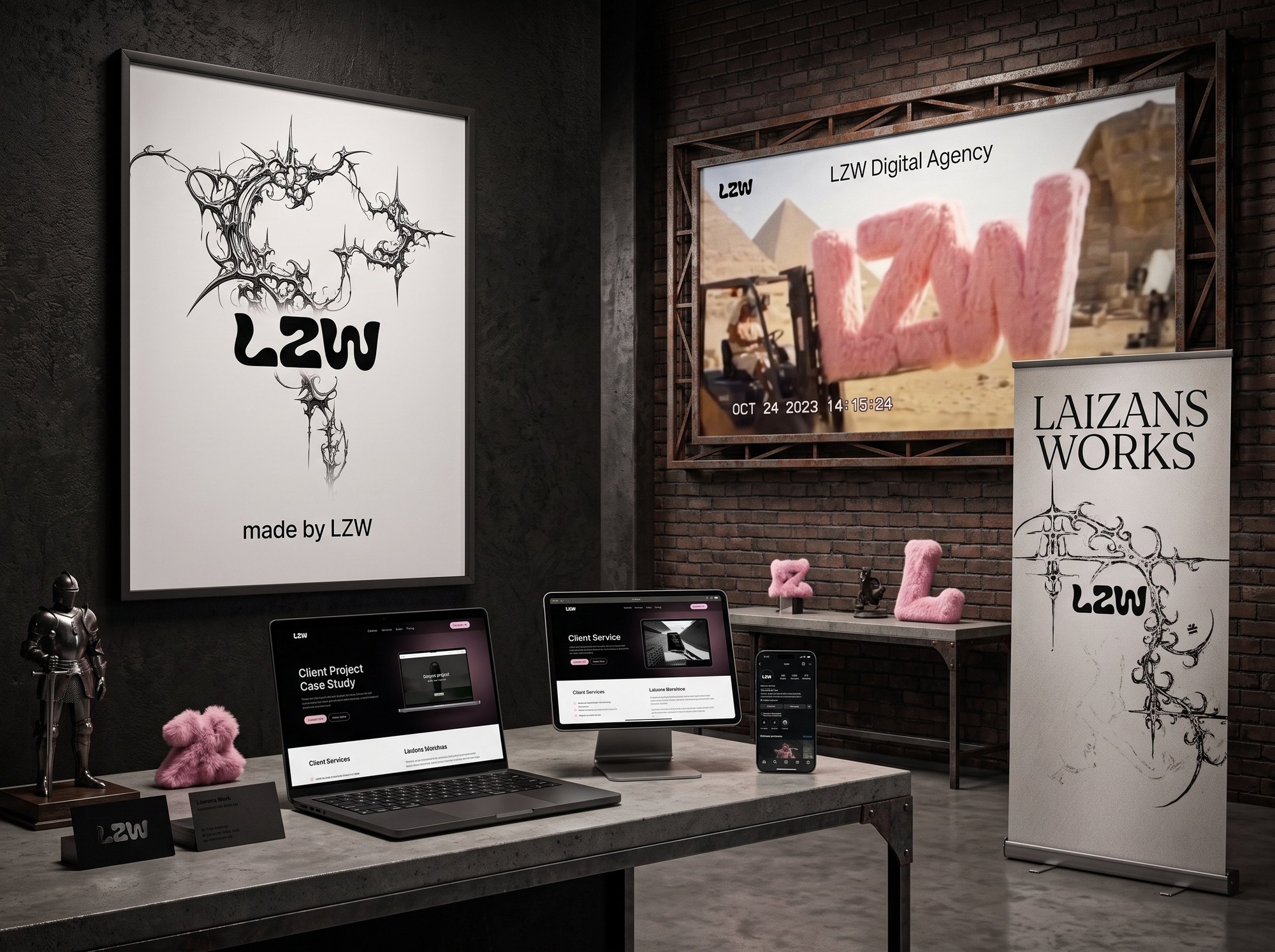 Studio set with an LZW poster, devices, pink fur letters and a roll-up banner