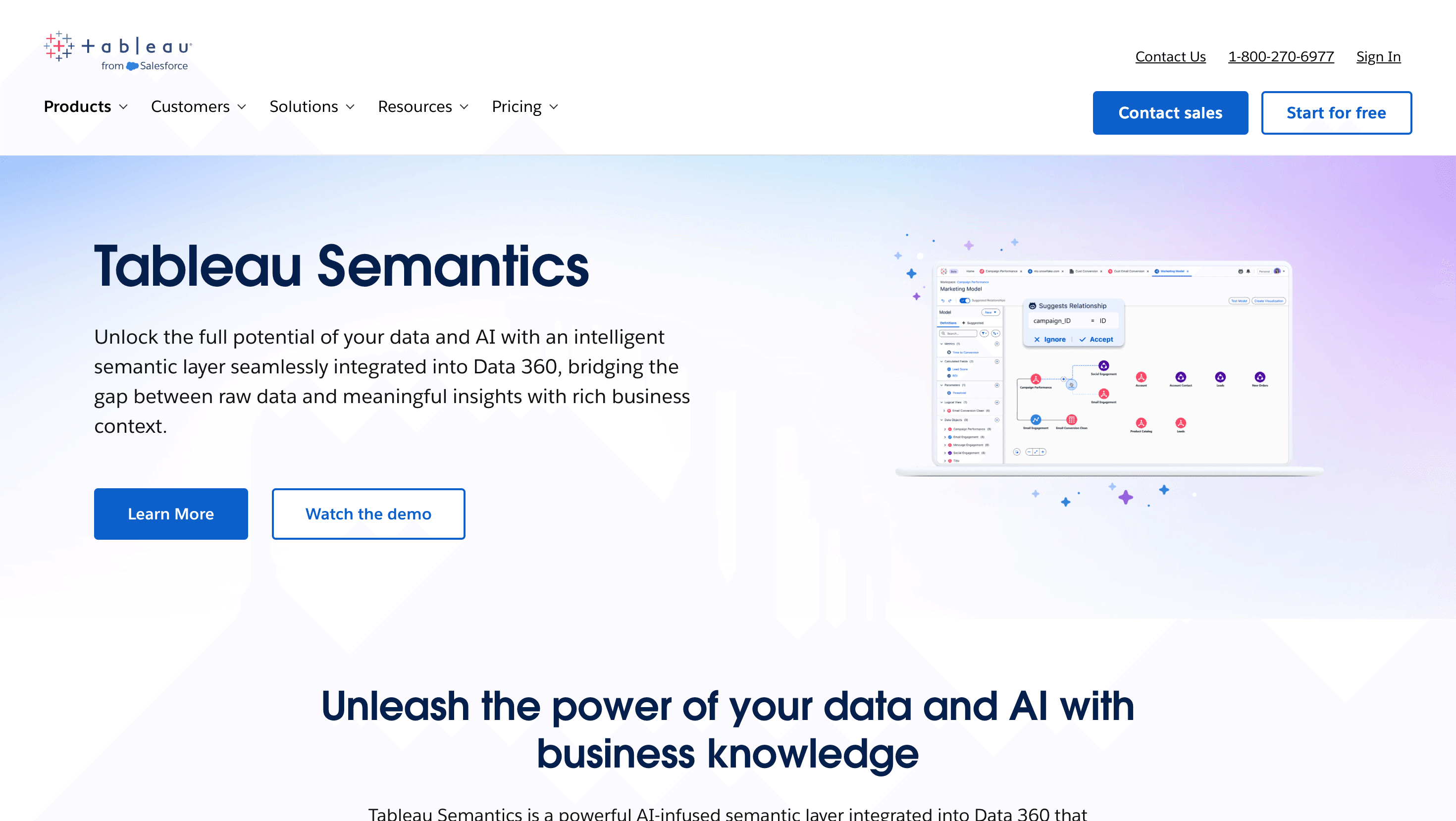 Tableau Semantics interface showing a semantic data model and relationships used to generate governed analytics and business insights.