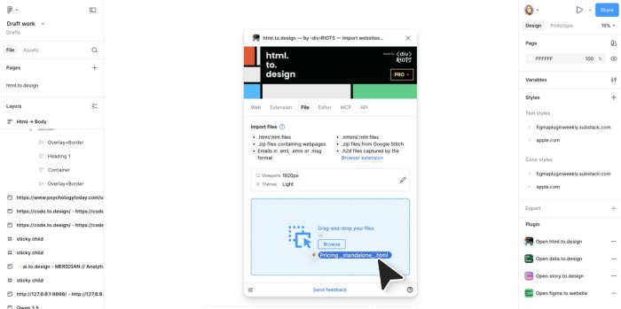 Ventana del plugin html.to.design abierta sobre el lienzo de Figma, con el archivo Pricing_standalone.html soltado en la zona de arrastre y las pestañas Web, Extension, File, Editor, MCP y API