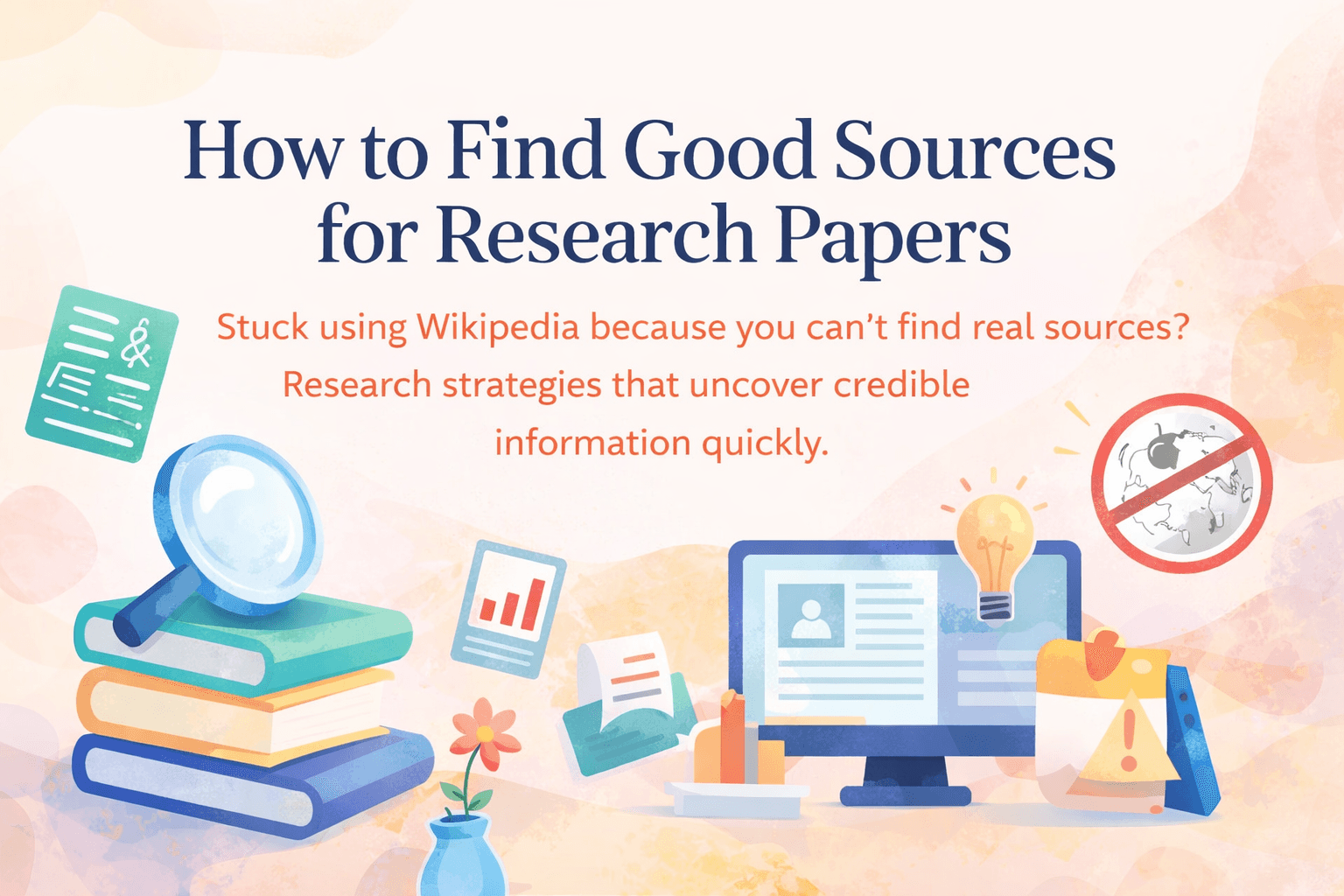 How to Find Good Sources for Research Papers with books, magnifying glass, and icons highlighting credible research.