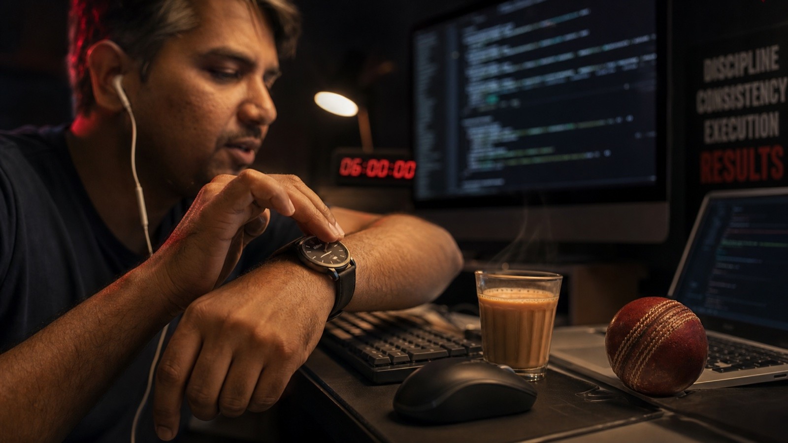 Swapnil checking his watch beside chai, a keyboard and a cricket ball