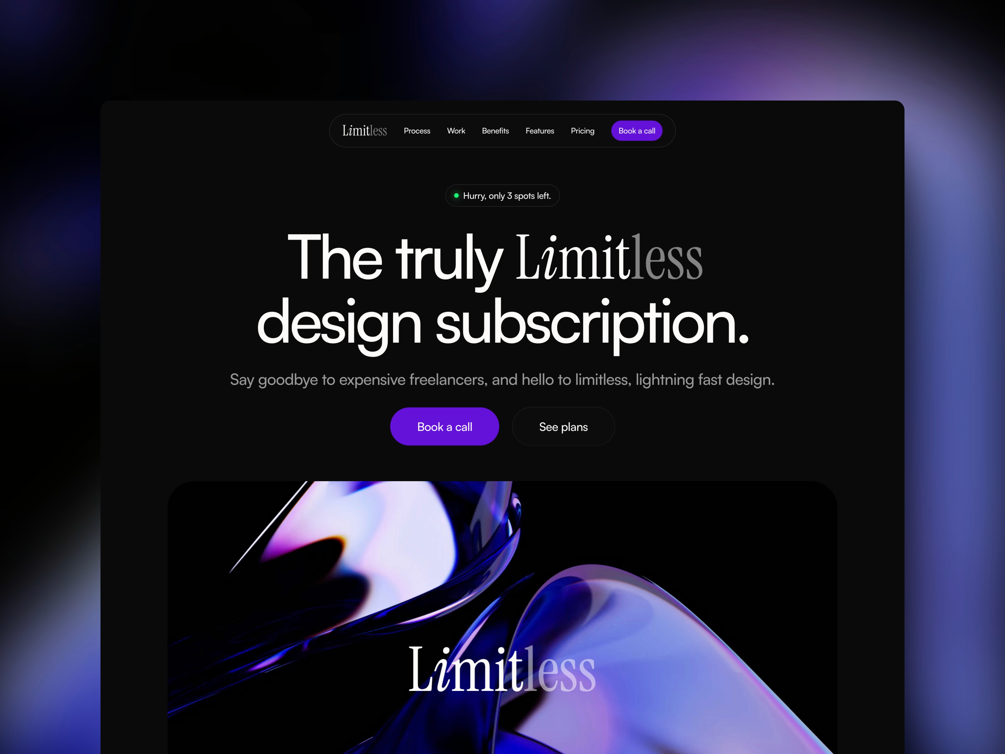 A dark-themed website banner promoting a design subscription service with a futuristic aesthetic.