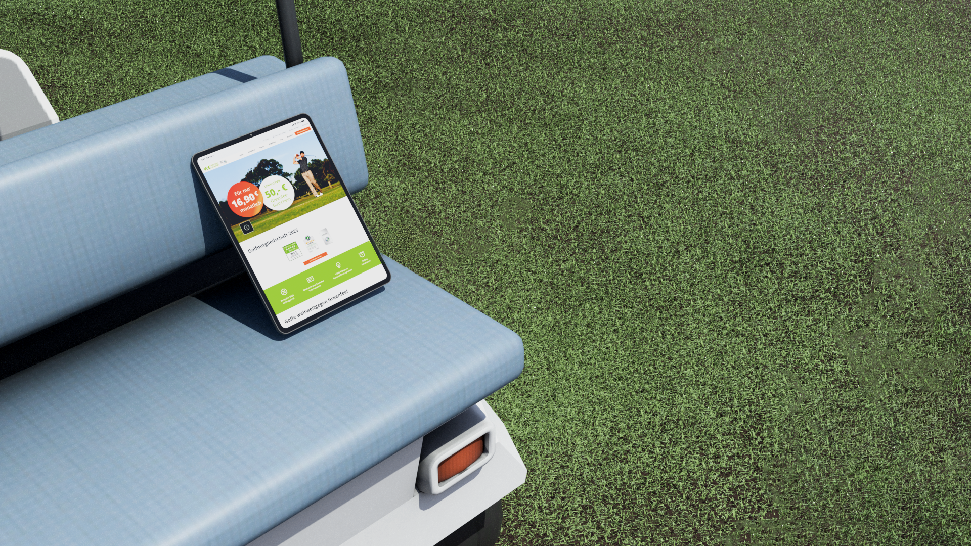 Ein Tablet, auf dem die VCG-Website angezeigt wird. Das Tablet ist an der Rückenlehne eines Golfwagen-Sitzes angebracht. 