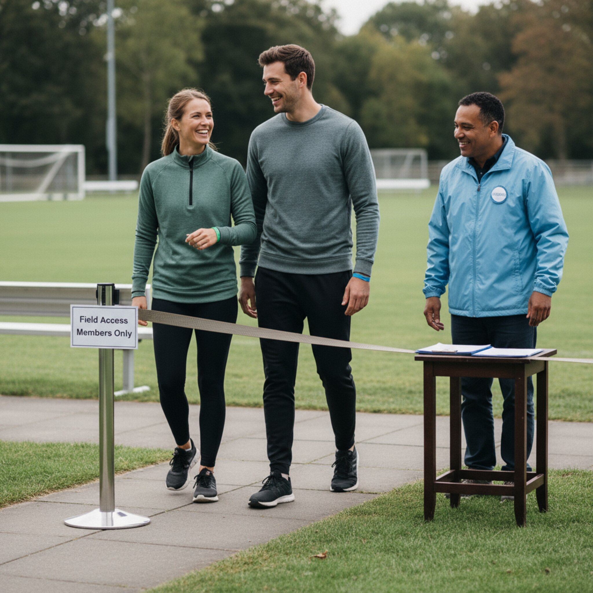 Am Eingang zum Spielfeld steht ein einfacher Absperrgurt mit einem dezenten Hinweisschild. Zwei Mitglieder zeigen ihre Bändchen und gehen lachend vorbei. Ein Ehrenamtlicher nickt ihnen zu, neben ihm liegt eine Mappe mit Dokumenten. Die Stimmung ist freundlich, der Ablauf klar und ruhig.