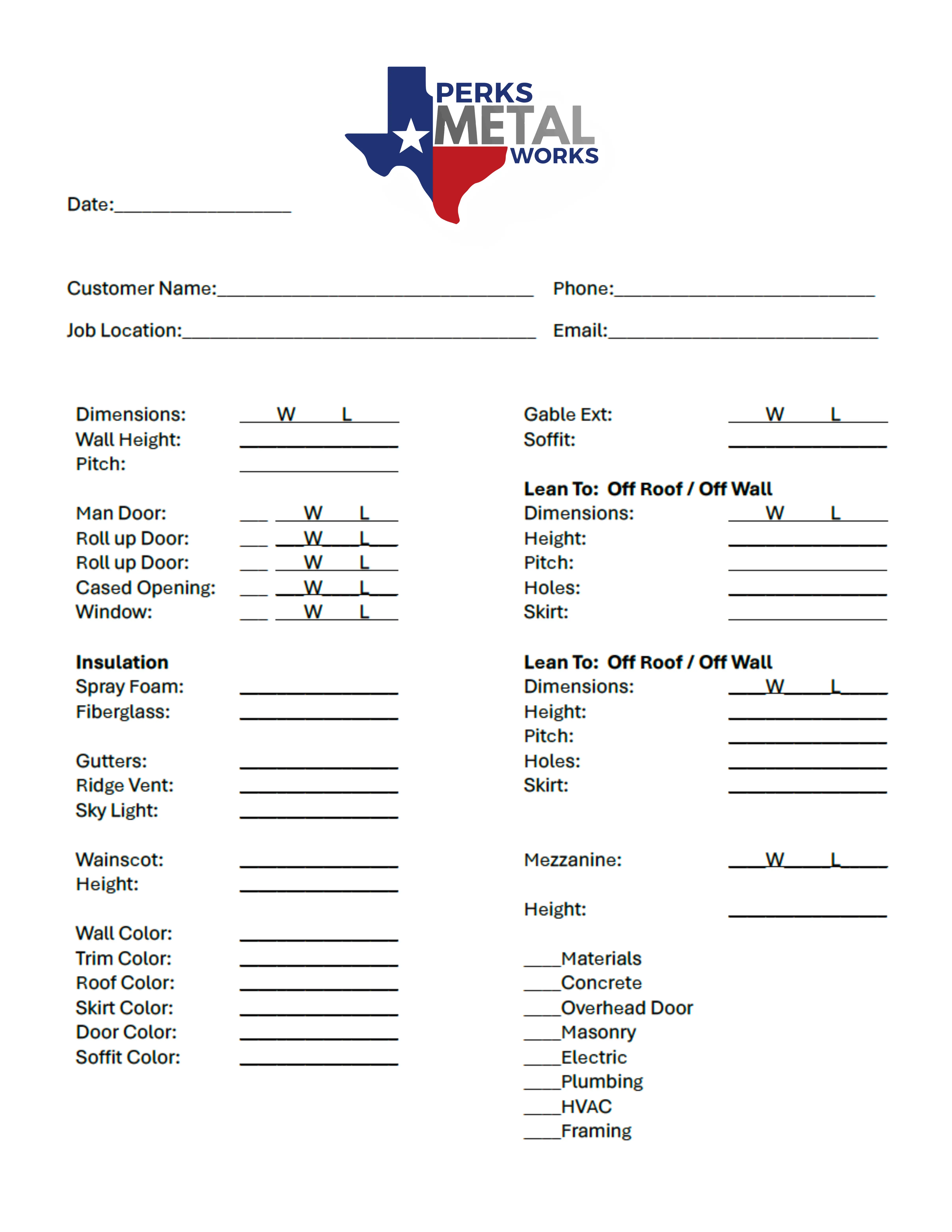 Perks Metal Works Spec Sheet