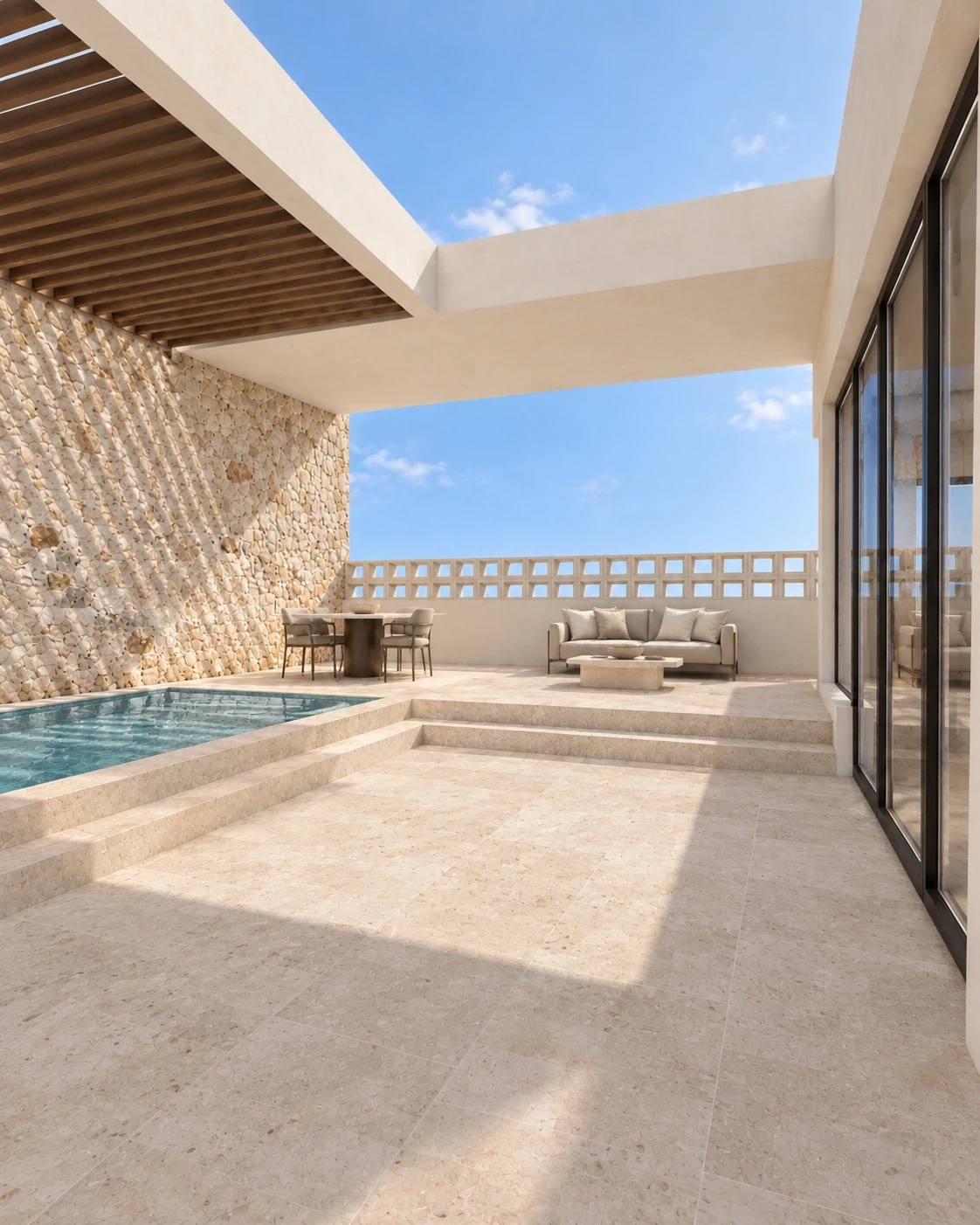 Penthouse terrace with pool and shaded seating — architectural visualisation