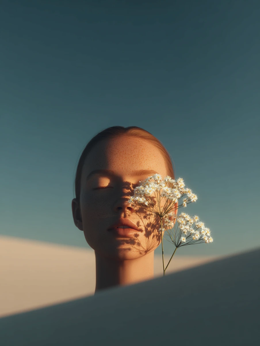 Portrait of a freckled woman with eyes closed & small white flowers cast shadows on her face.