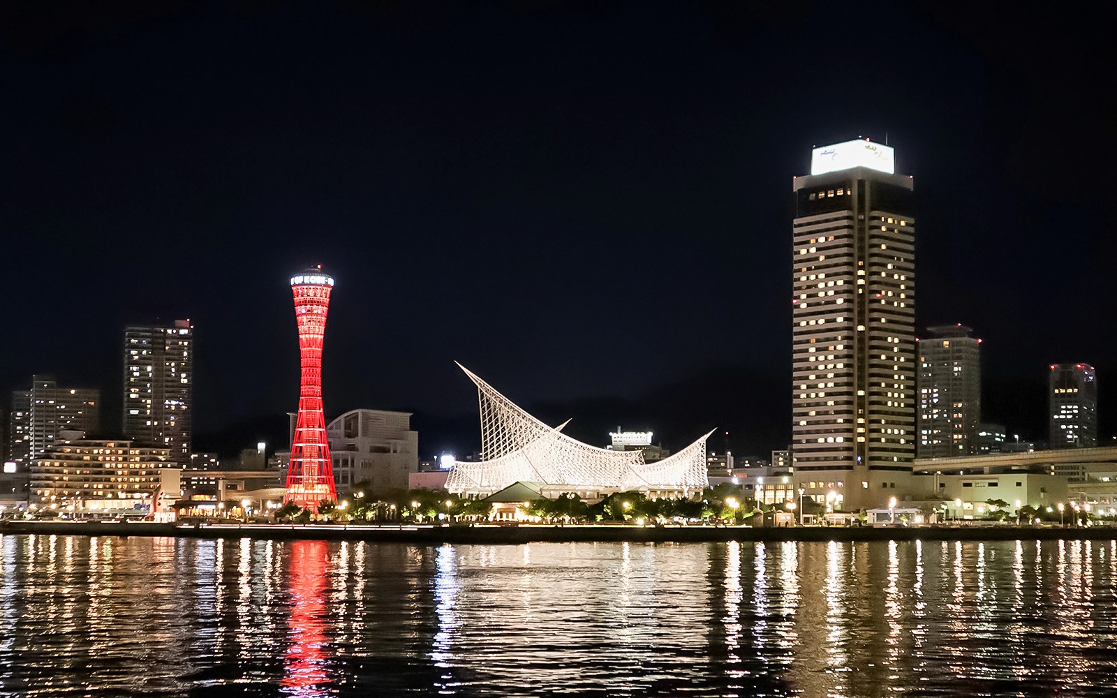 Kobe Port Tower illuminated at night with city skyline.