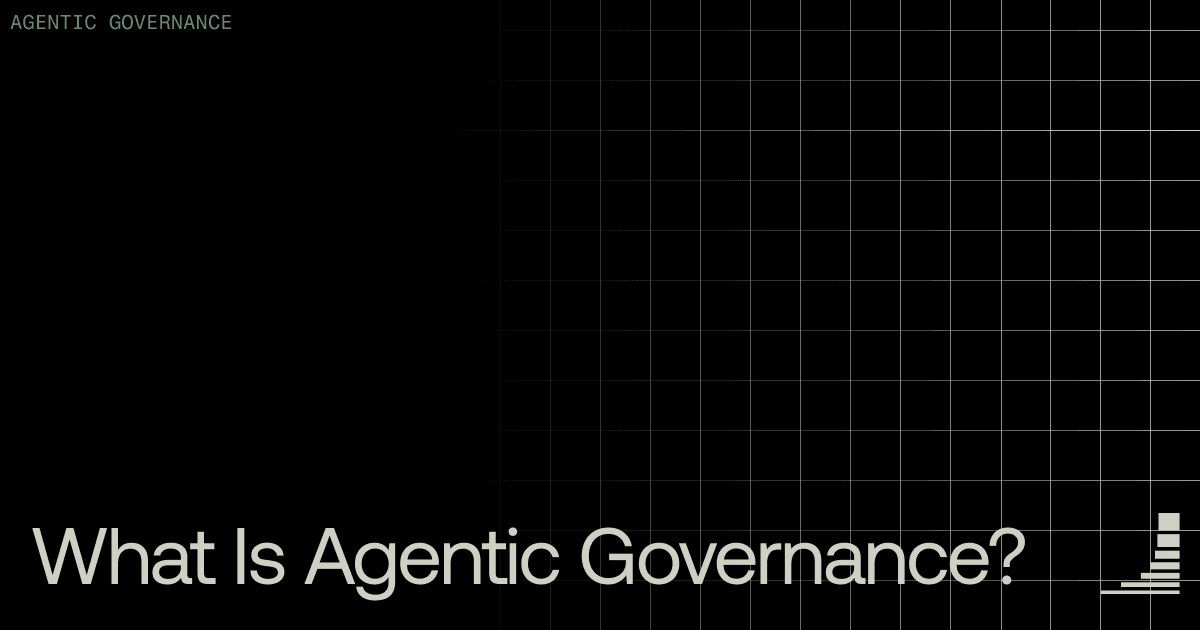 Black blog cover image with subtle grid pattern. Category label reads "AGENTIC GOVERNANCE" in the upper left. Large headline text reads "What Is Agentic Governance?" Waxell logo in the bottom right corner.