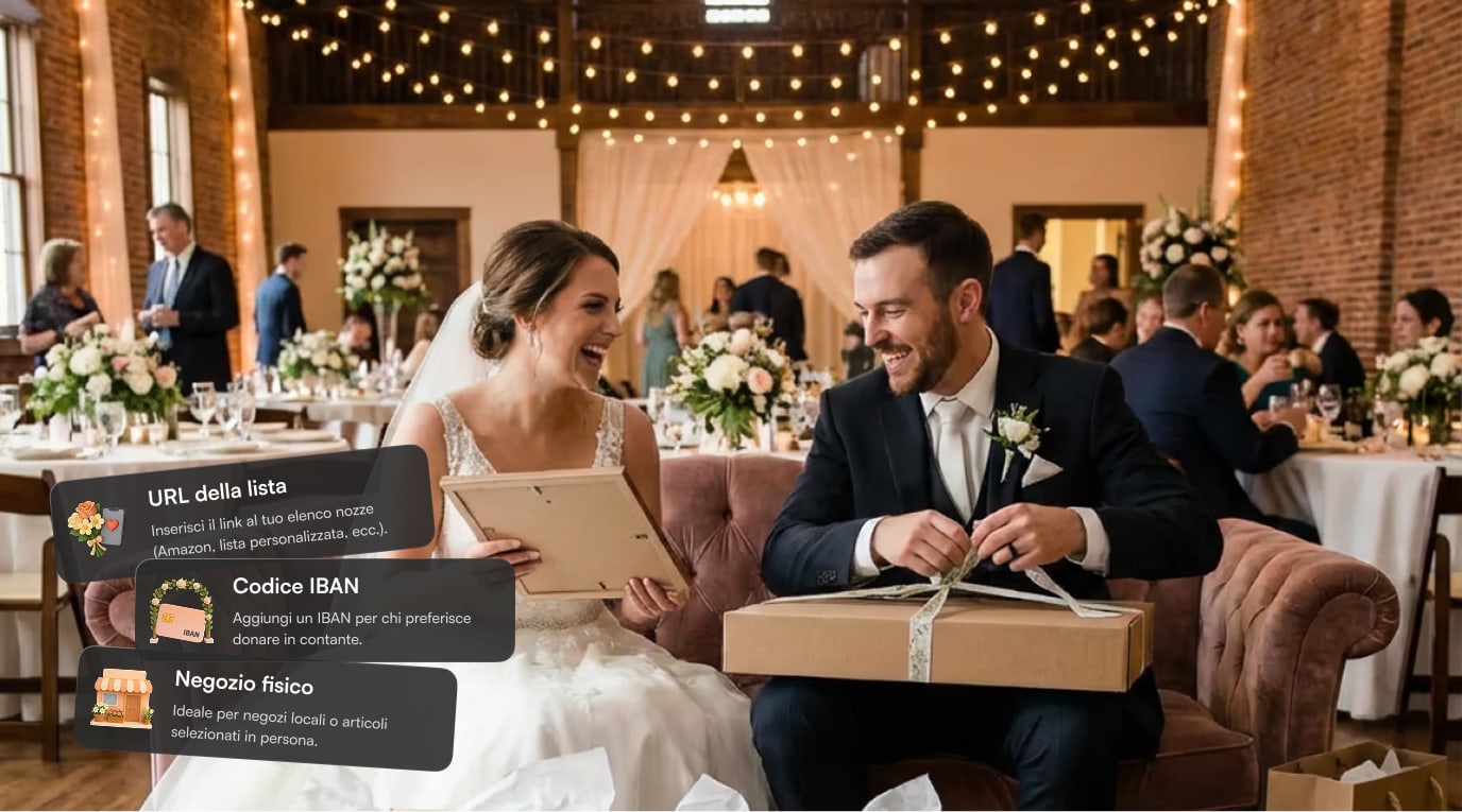 Sposi sorridenti durante il ricevimento aprono i regali di nozze, con opzioni digitali come lista online, IBAN e negozio fisico gestite tramite togevent.