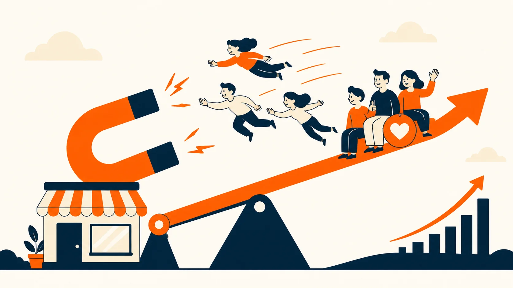 graphic-showing-magnet-pulling-people-toward-rising-arrow-with-family-on-top-representing-customer-retention-strategies-for-small-business