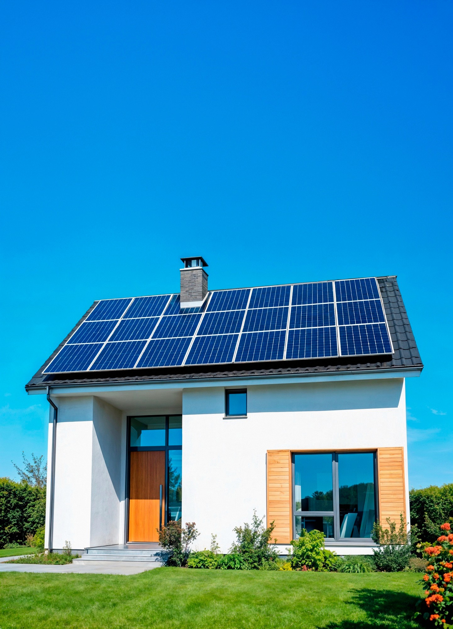 Modern house with rooftop solar panels on a clear sunny day.