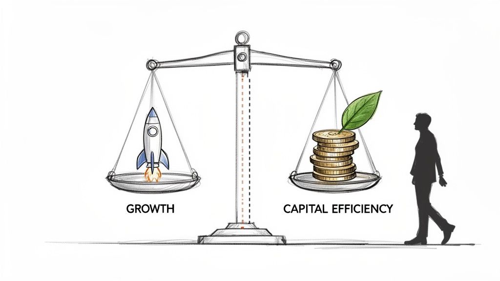A balance scale shows a rocket labeled 'GROWTH' balanced with coins and a leaf labeled 'CAPITAL EFFICIENCY', observed by a person.