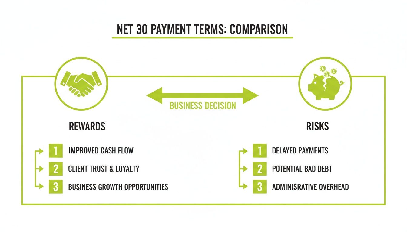 A graphic comparing the rewards and risks associated with Net 30 payment terms for businesses.