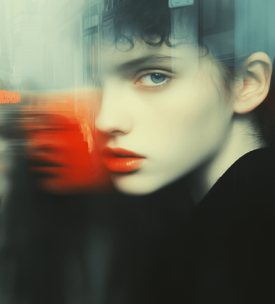 A woman wearing red lipstick, her face out of focus, adding an intriguing and artistic quality to the image.