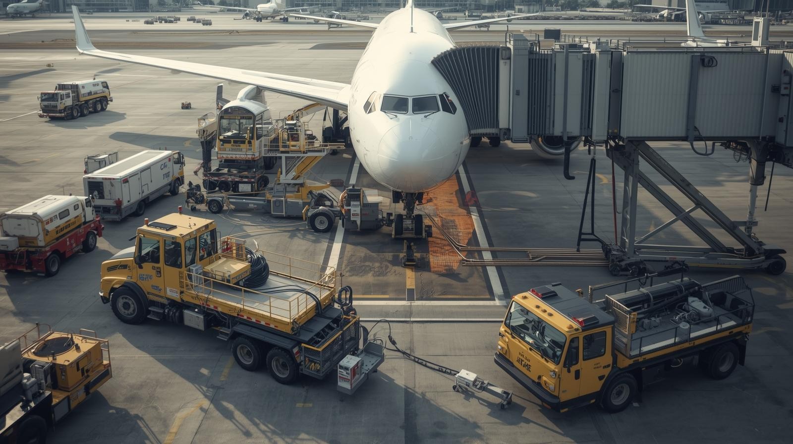 Ground support equipment positioned across an airport apron for digital asset tracking.