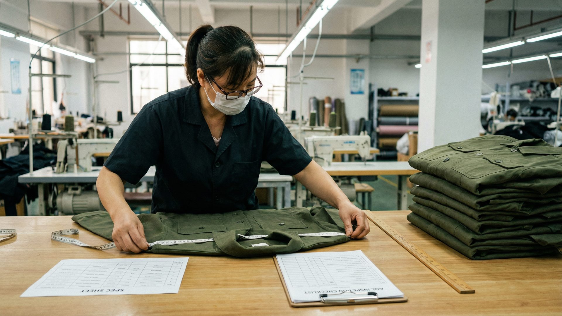 A quality control inspector in a professional apparel factory using a measuring tape to check the measurements of a finished olive green work jacket against a printed spec sheet, with an AQL inspection checklist on a clipboard and a neat stack of finished garments on the table.